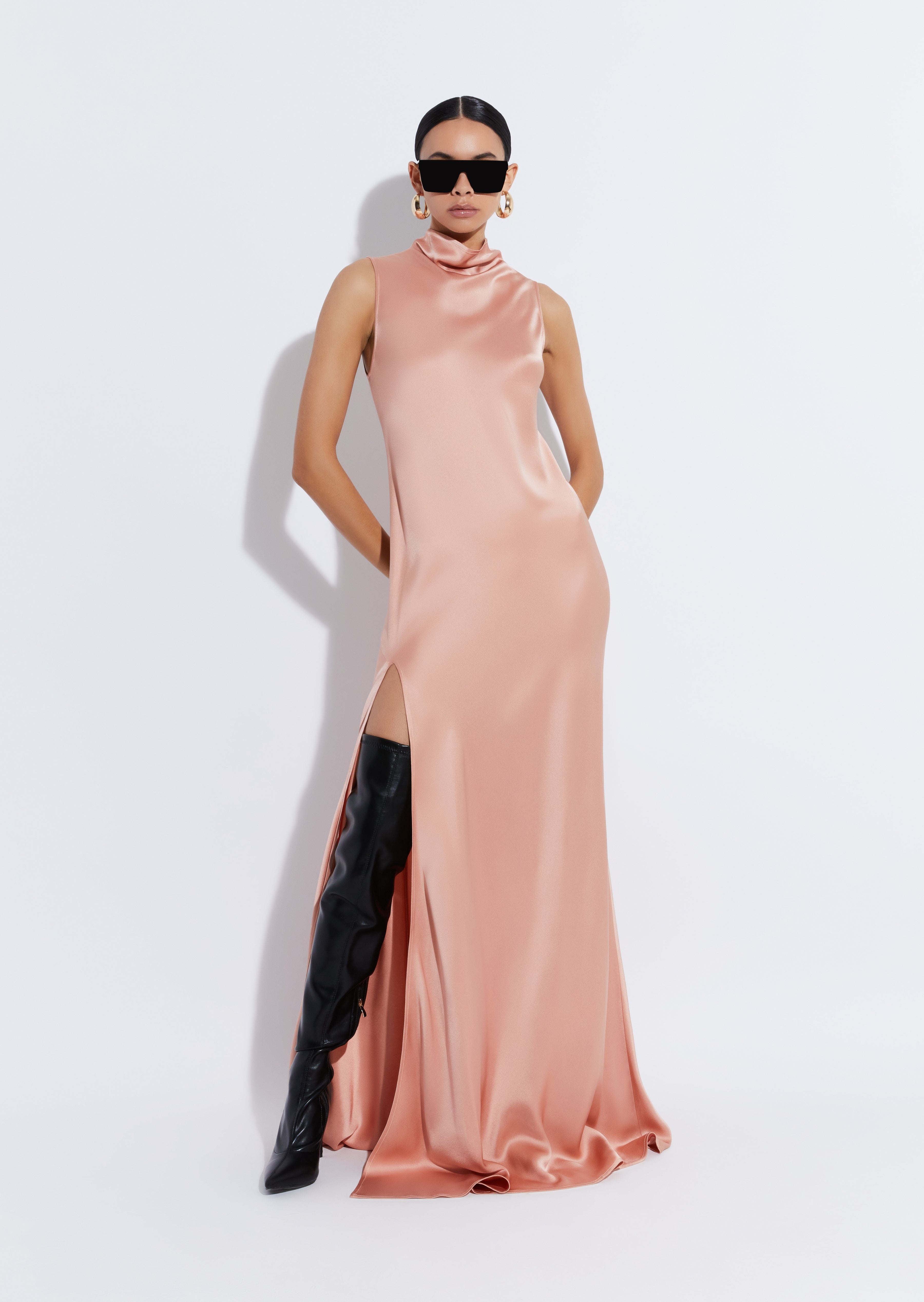 Satin Drape Neck Sleeveless Gown - 2