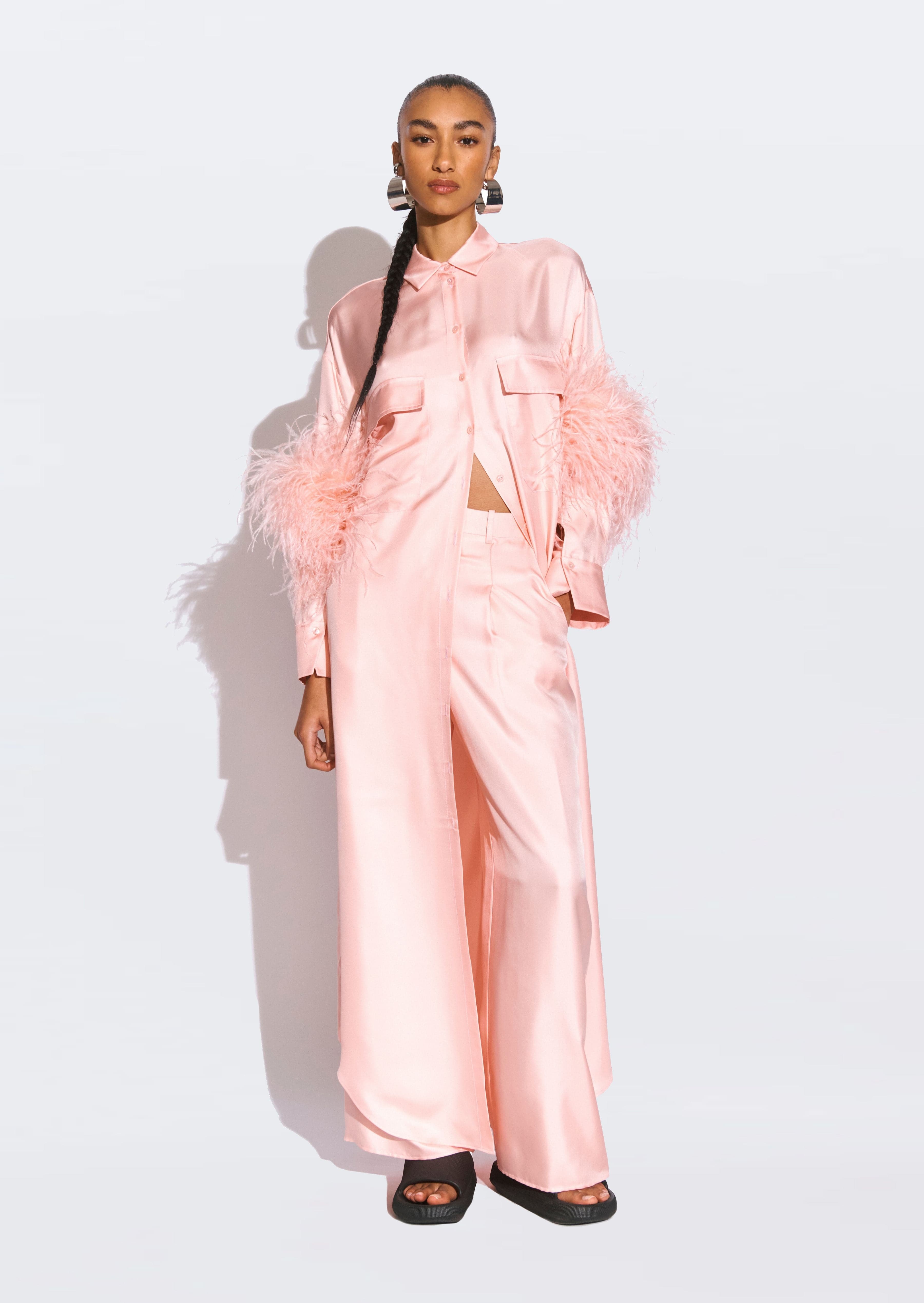 Silky Twill Button Down Dress With Feathers - 2