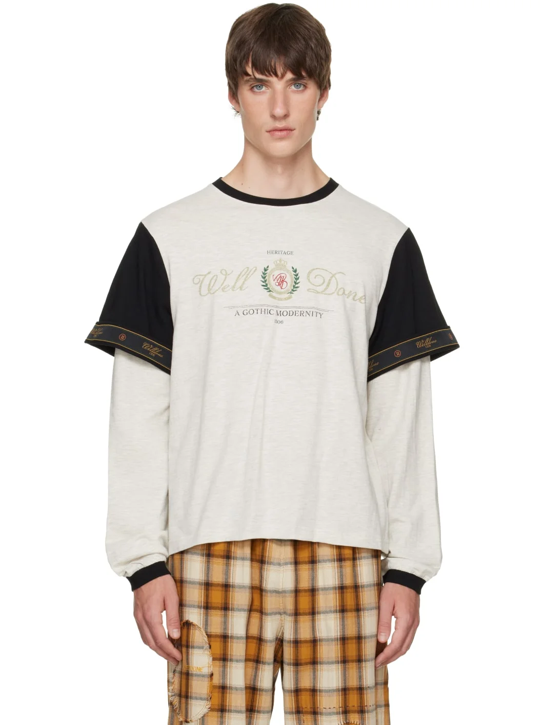 Gray Double-Sleeve Tape Long-Sleeve T-shirt - 1
