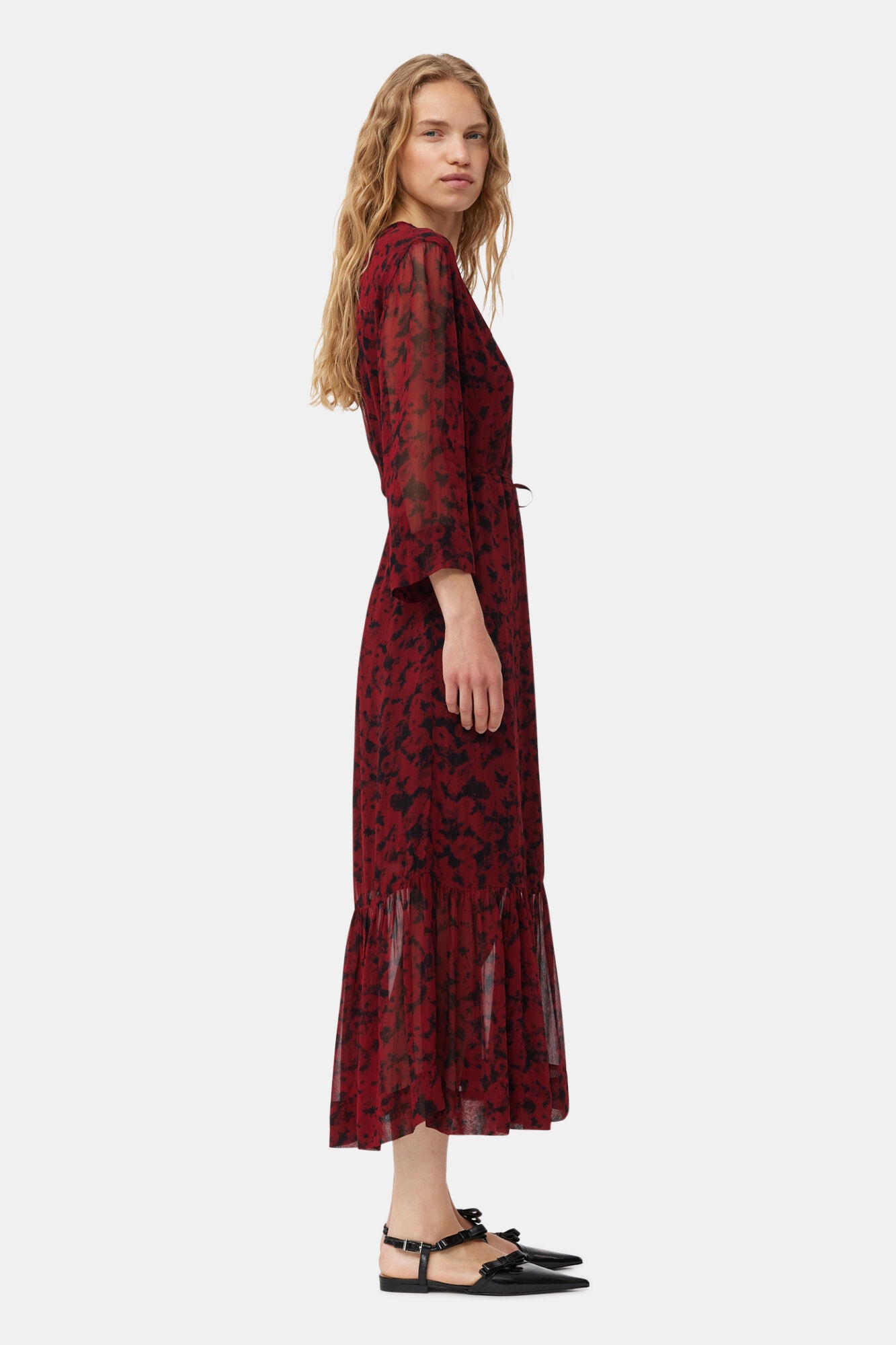RED PRINTED LIGHT GEORGETTE WRAP MIDI DRESS - 4
