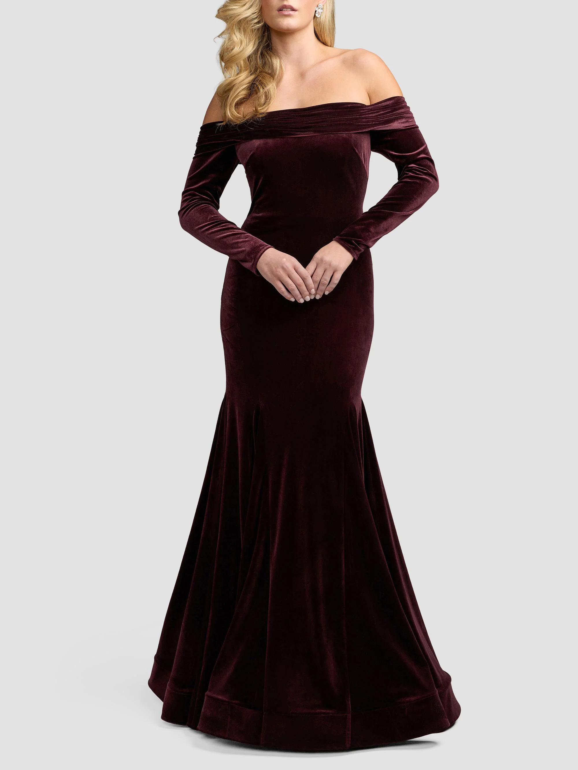 Women's Velvet Off-The-Shoulder Mermaid Gown - Wine - 1