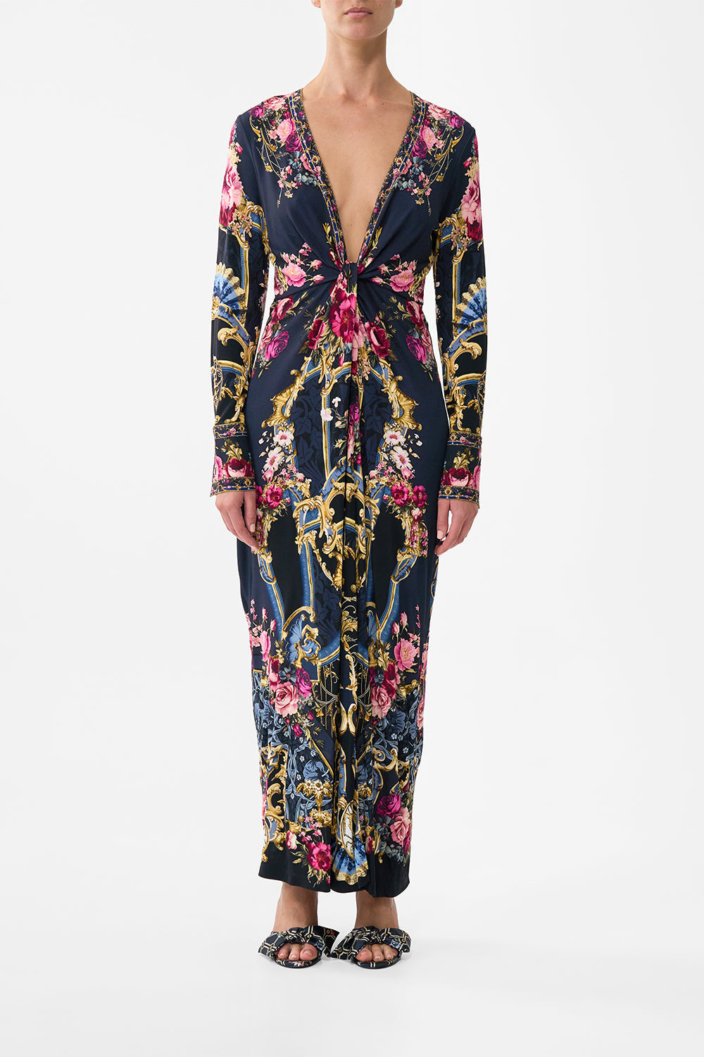 LONG V NECK TWIST FRONT JERSEY DRESS - 2