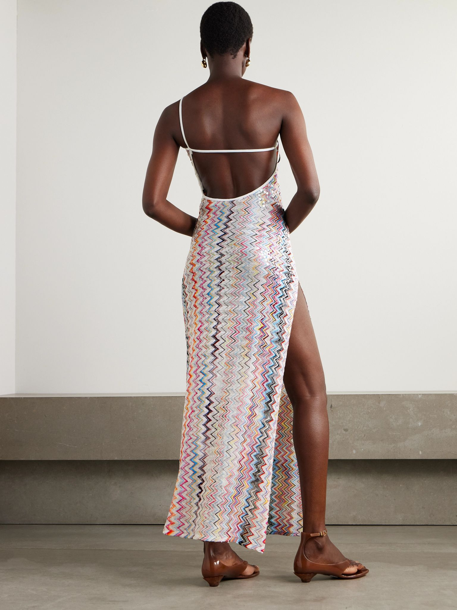 One-shoulder sequin-embellished striped crochet-knit maxi dress Pink - 3