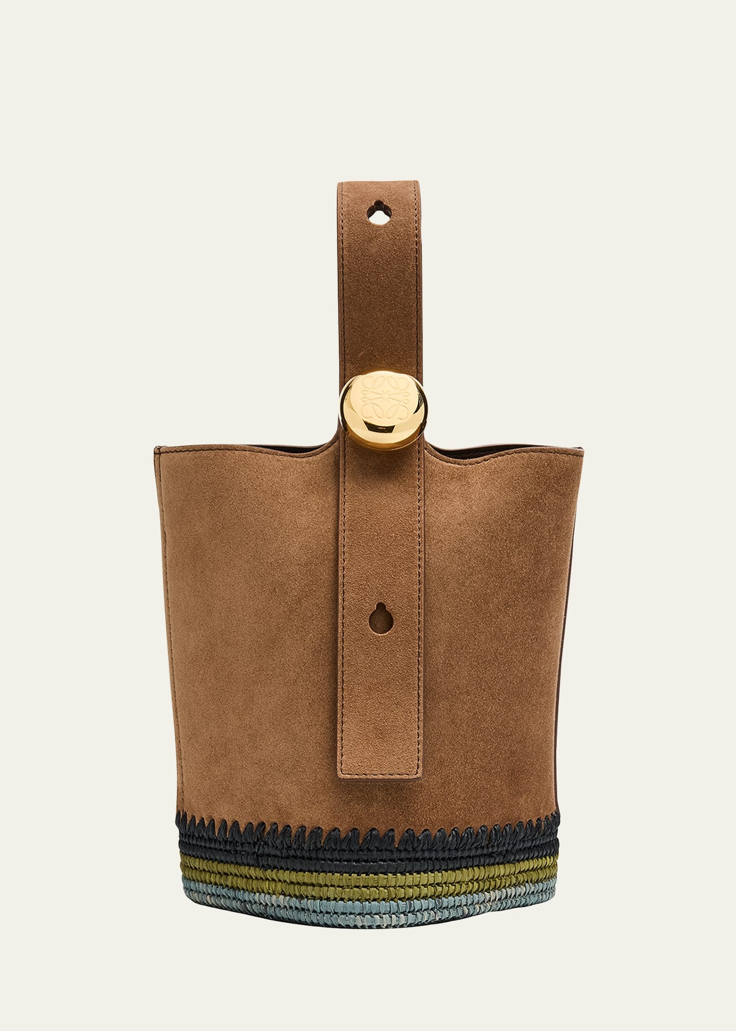 Pebble Raffia-Bottom Mini Bucket Bag in Suede - 1