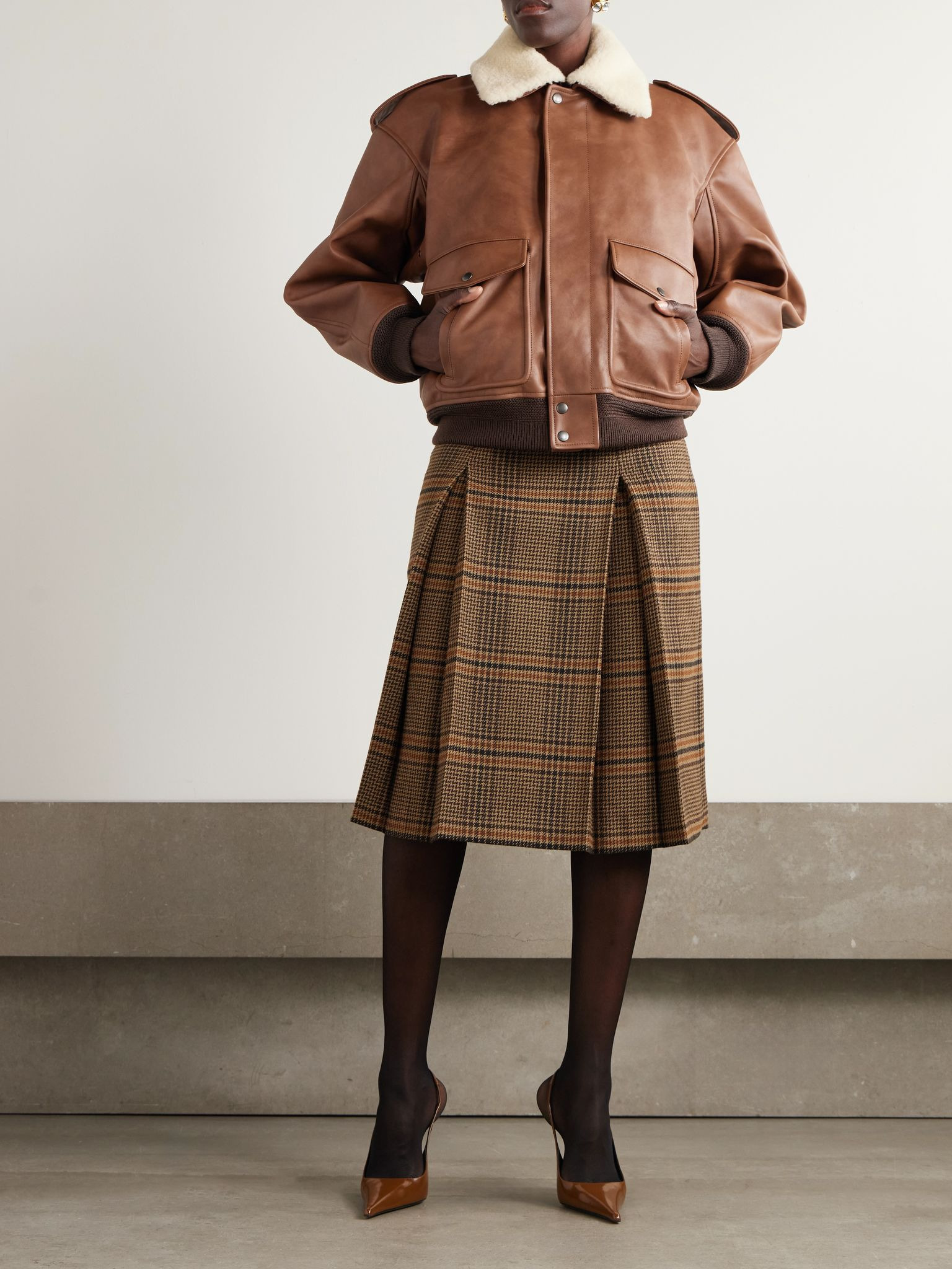 Shearling-trimmed leather jacket Brown - 2