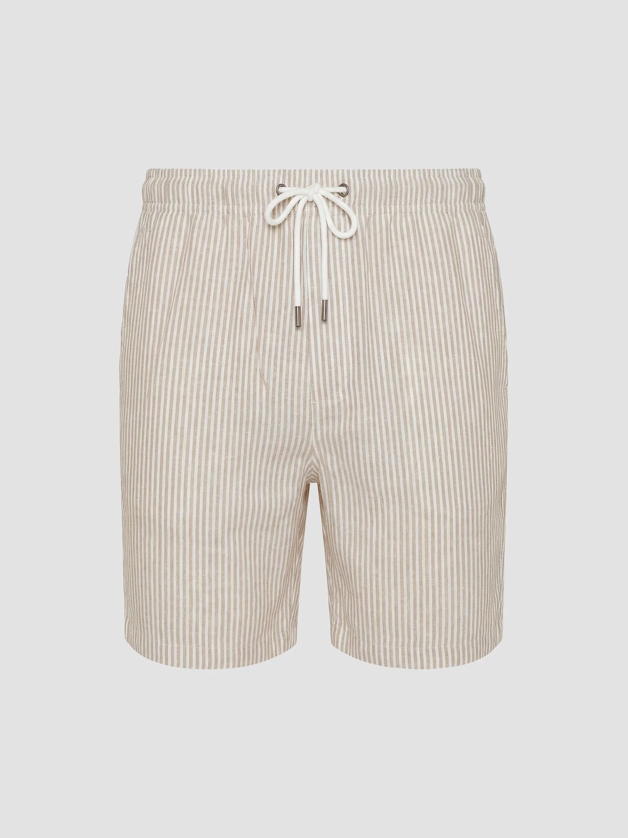 Men's Classic Striped Linen-Blend Drawstring Shorts - Beige - 1