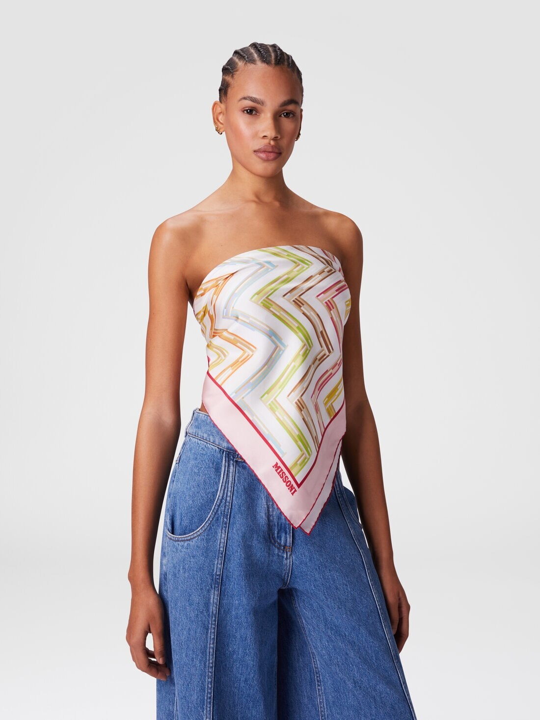 100% silk scarf with zigzag pattern and printed border - 4