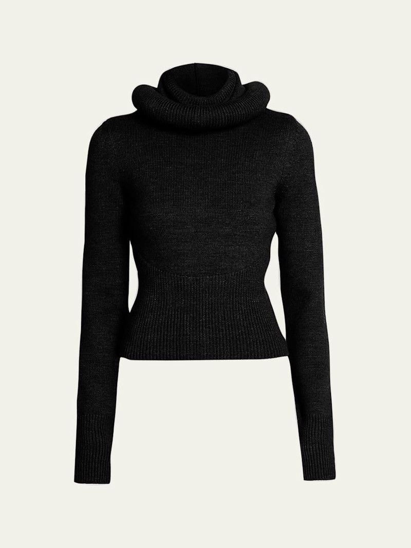 Sculptural Hooded Rib-Knit Sweater 1