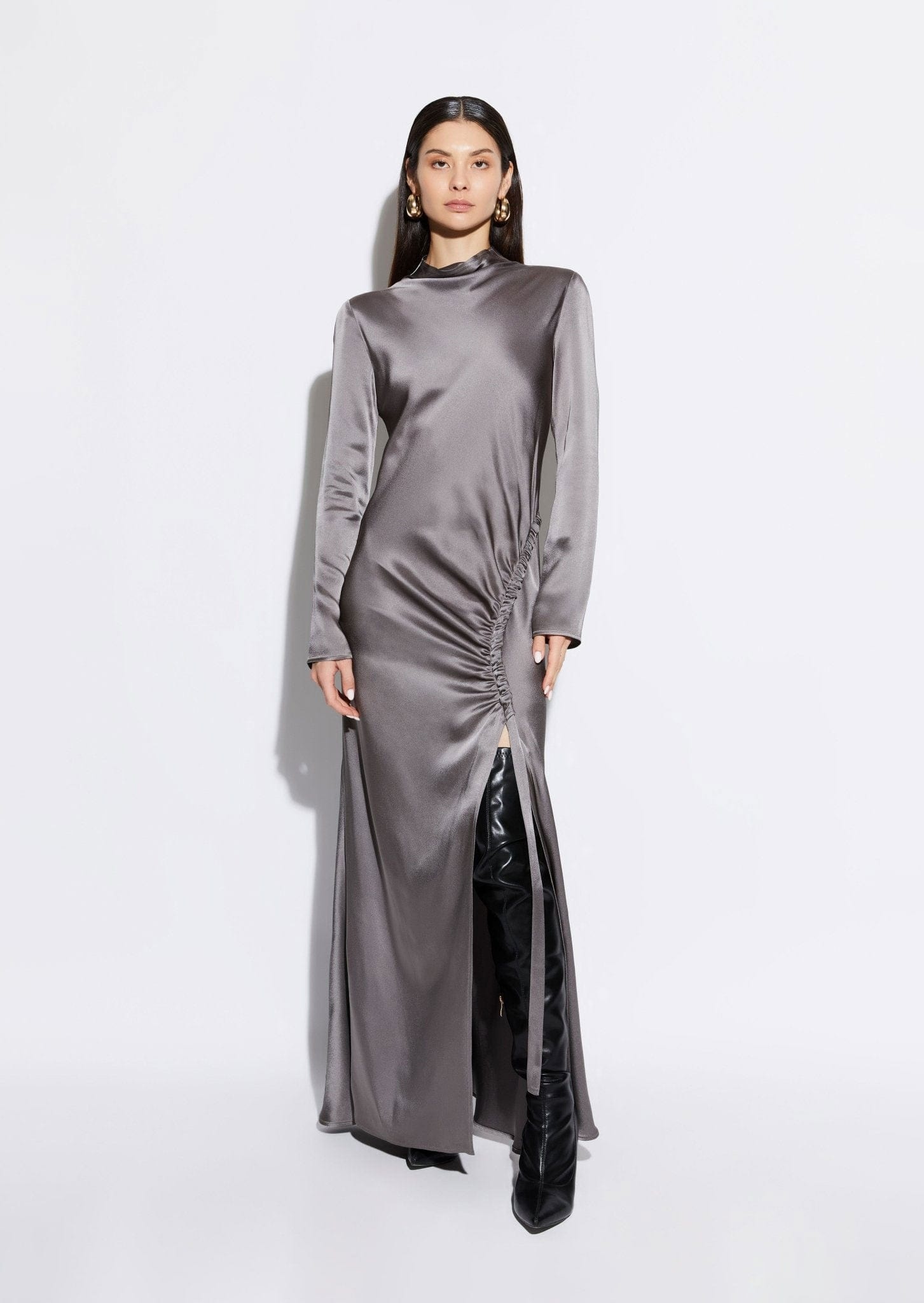 Satin Bias Tab Dress With Slit - 2