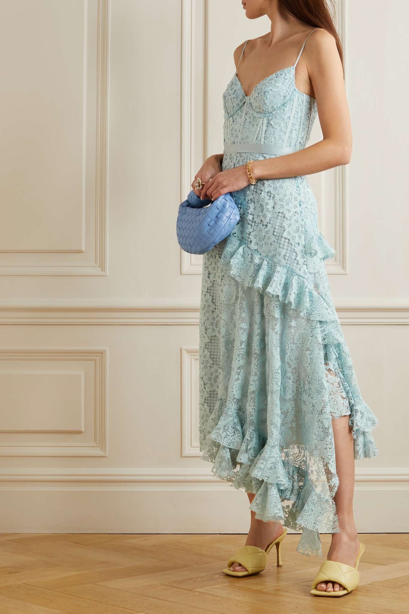 Melora asymmetric ruffled satin-trimmed recycled-lace midi dress - 2