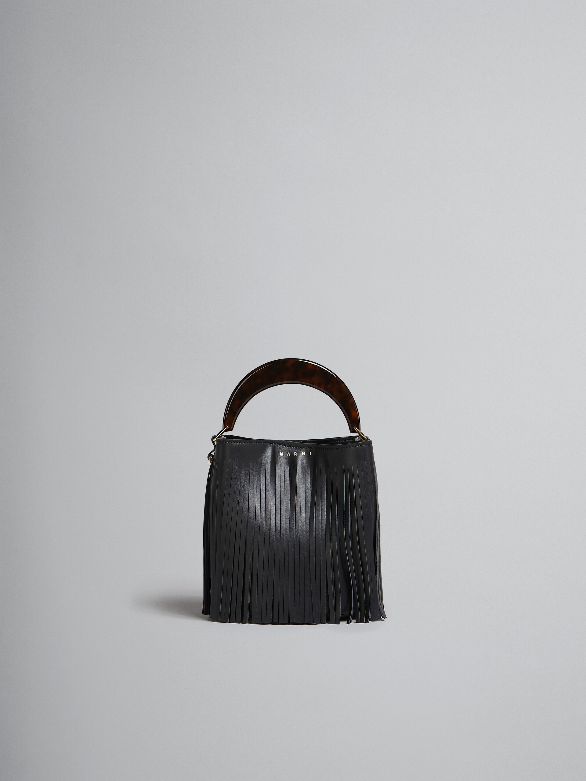 VENICE SMALL BUCKET IN BLACK LEATHER WITH FRINGES - 1