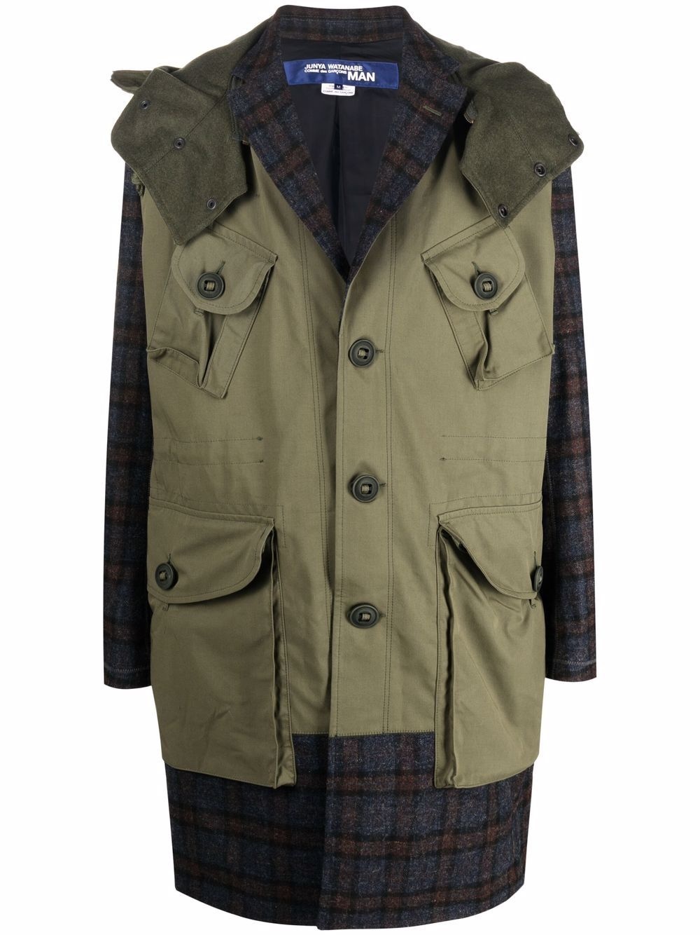 check-panelled hooded parka coat - 1