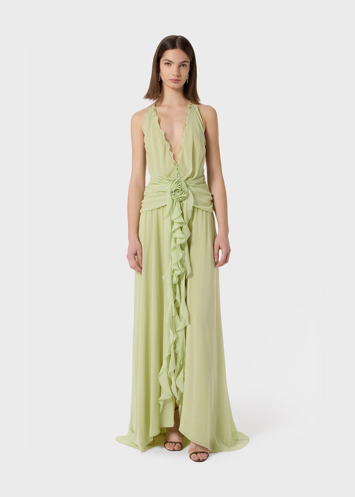 LONG GEORGETTE DRESS WITH RUFFLES AND ROSE DECORATION - 2