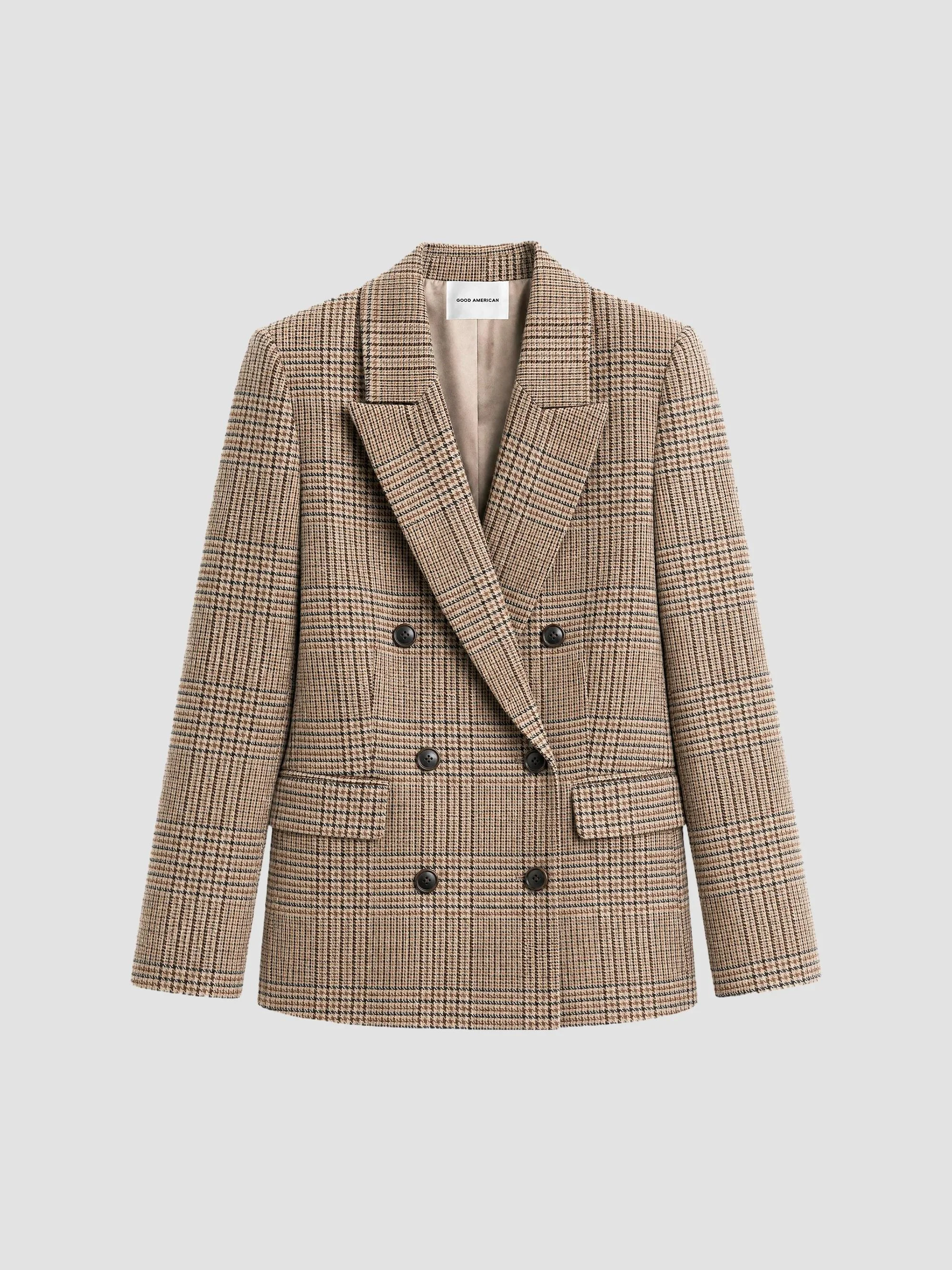 Women's Houndstooth Double-Breasted Blazer - Brown Plaid - 1