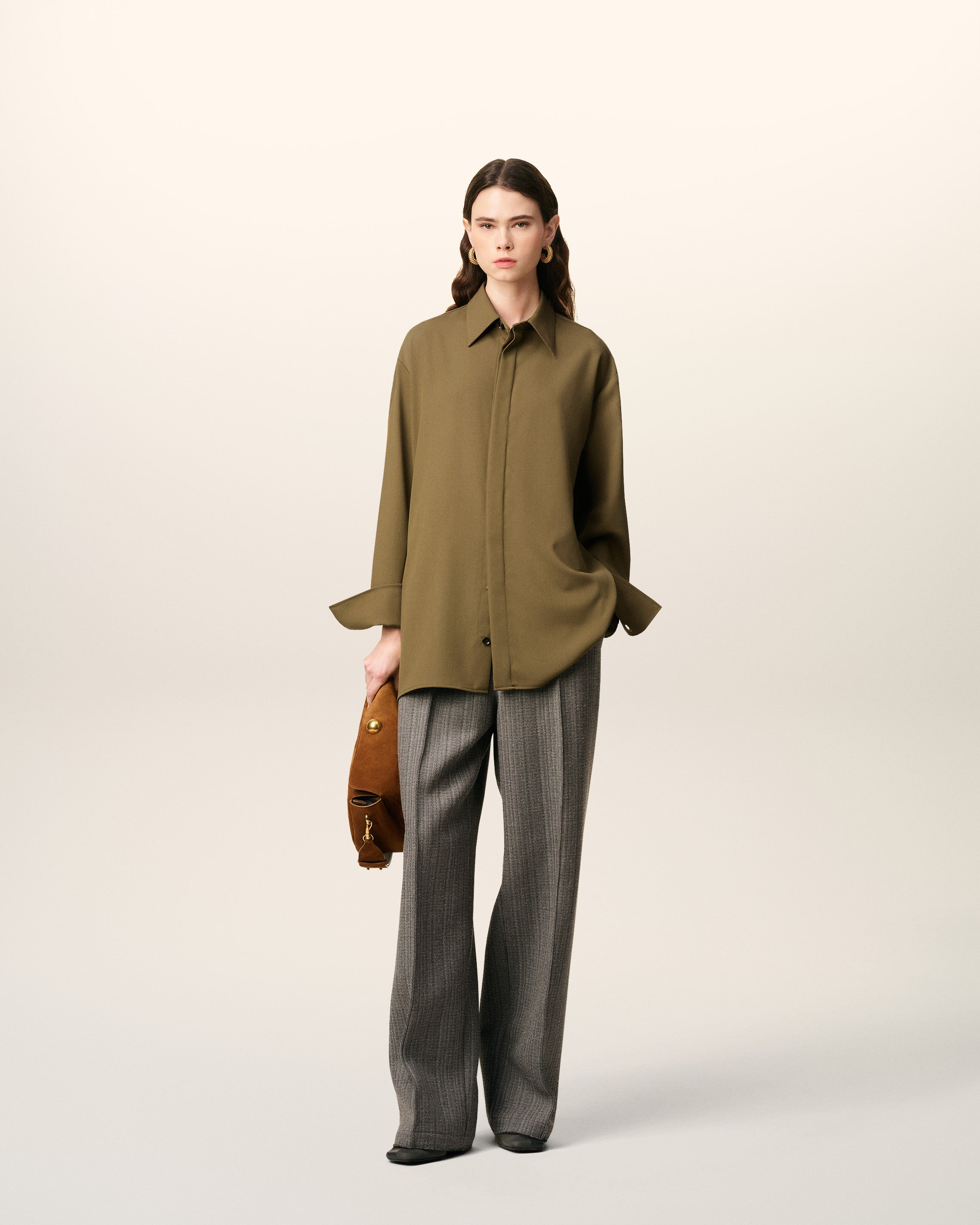 GREEN WOOL LONG OVERSIZED SIDE SLITS SHIRT - 2