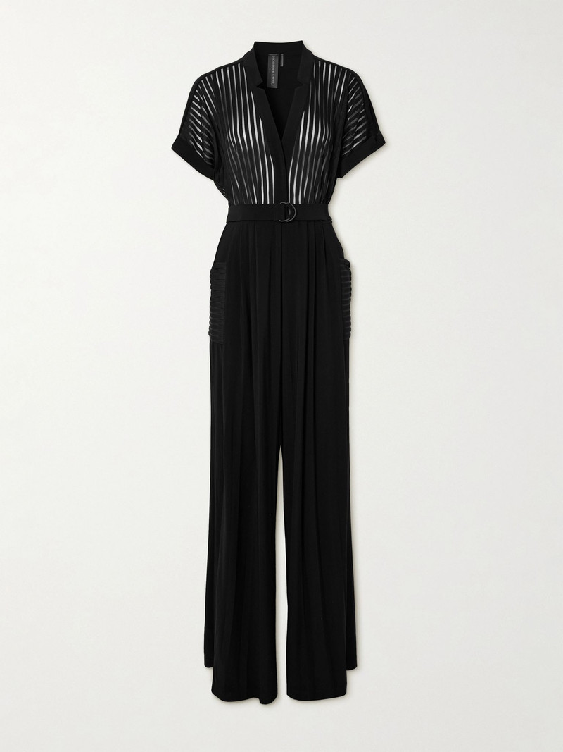 Geralyn belted paneled jersey and mesh jumpsuit Black - 1
