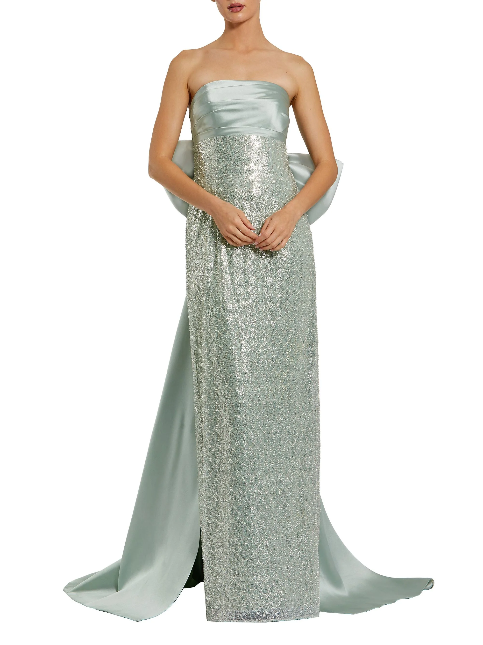Women's Embellished Bow Strapless Gown - Sage - 1