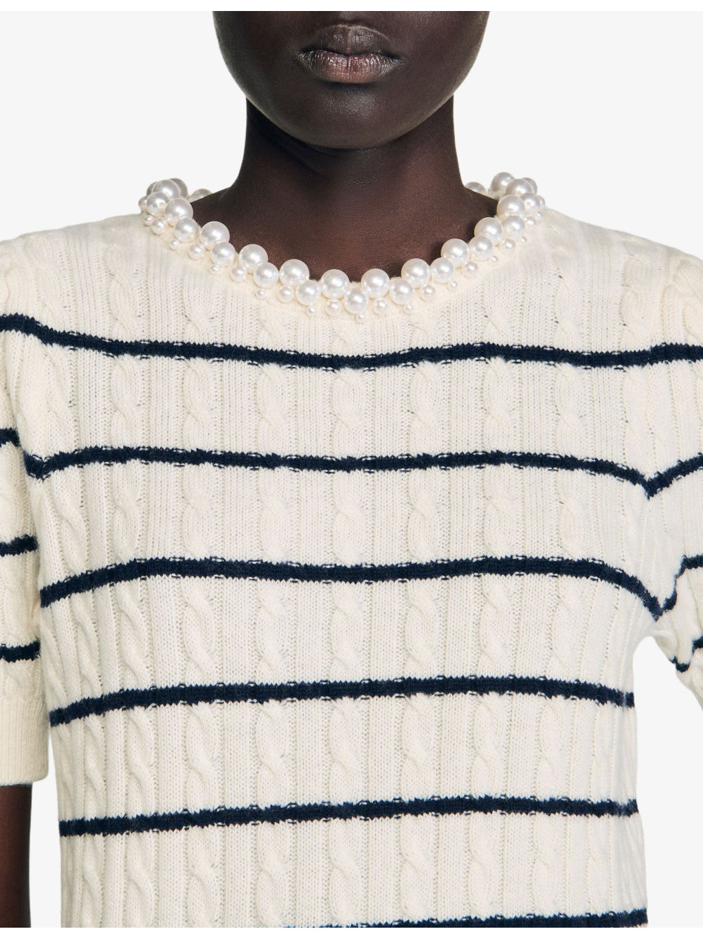 Pearl-Collar Short-Sleeve Striped Wool And Cashmere-Blend Jumper - 5