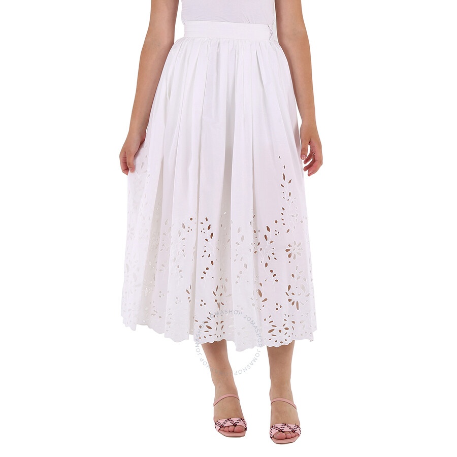 Chloe Ladies White Broderie Anglaise Flared Embroidered Midi Skirt - 3