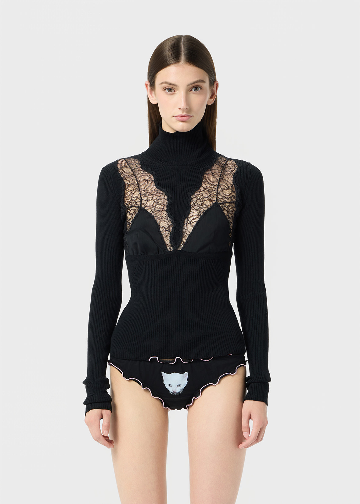 STRETCH RIBBED SWEATER WITH LACE AND SATIN INSERTS - 3