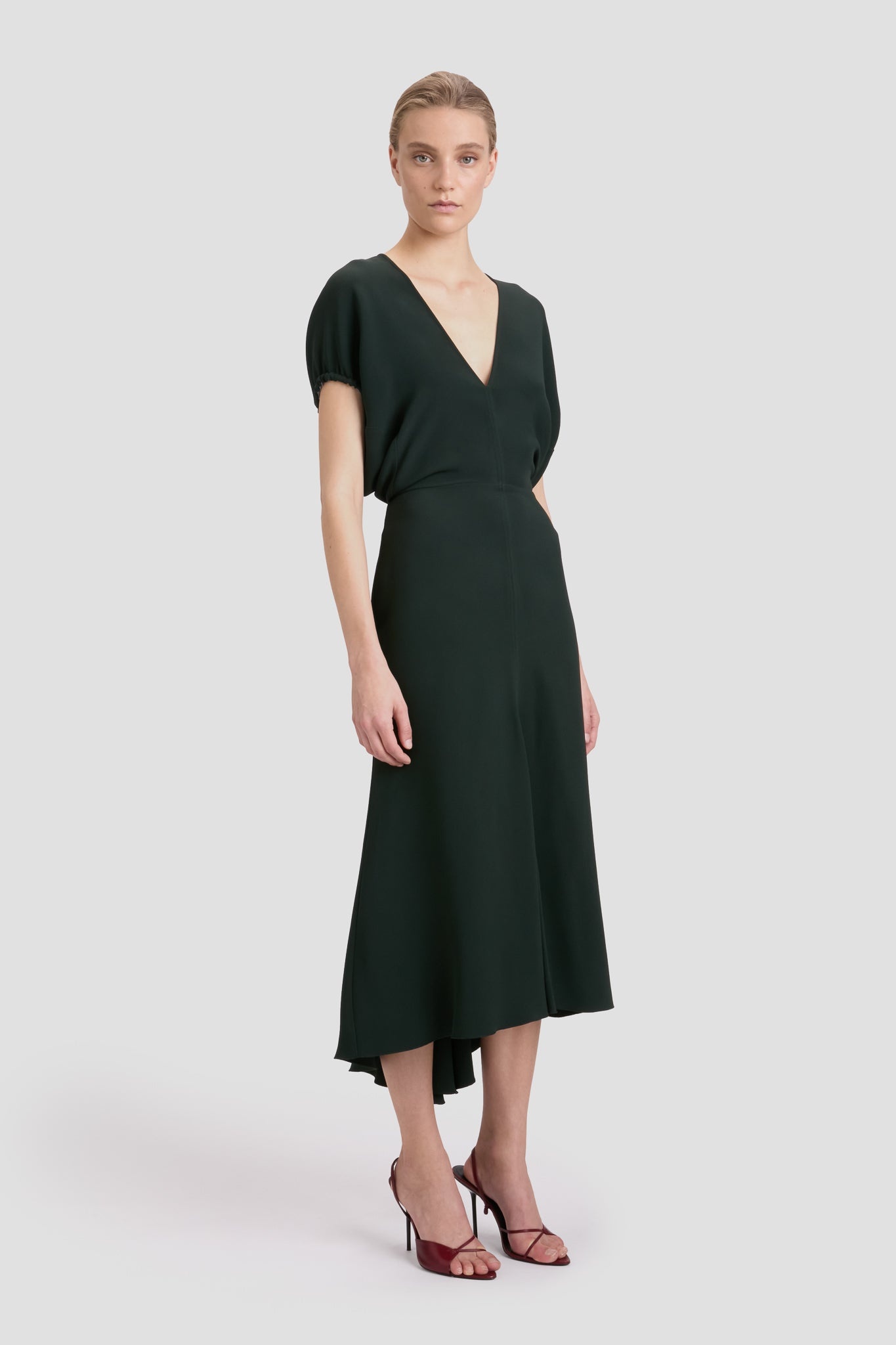 Blouson Detail Midi Dress In Dark Pine - 3