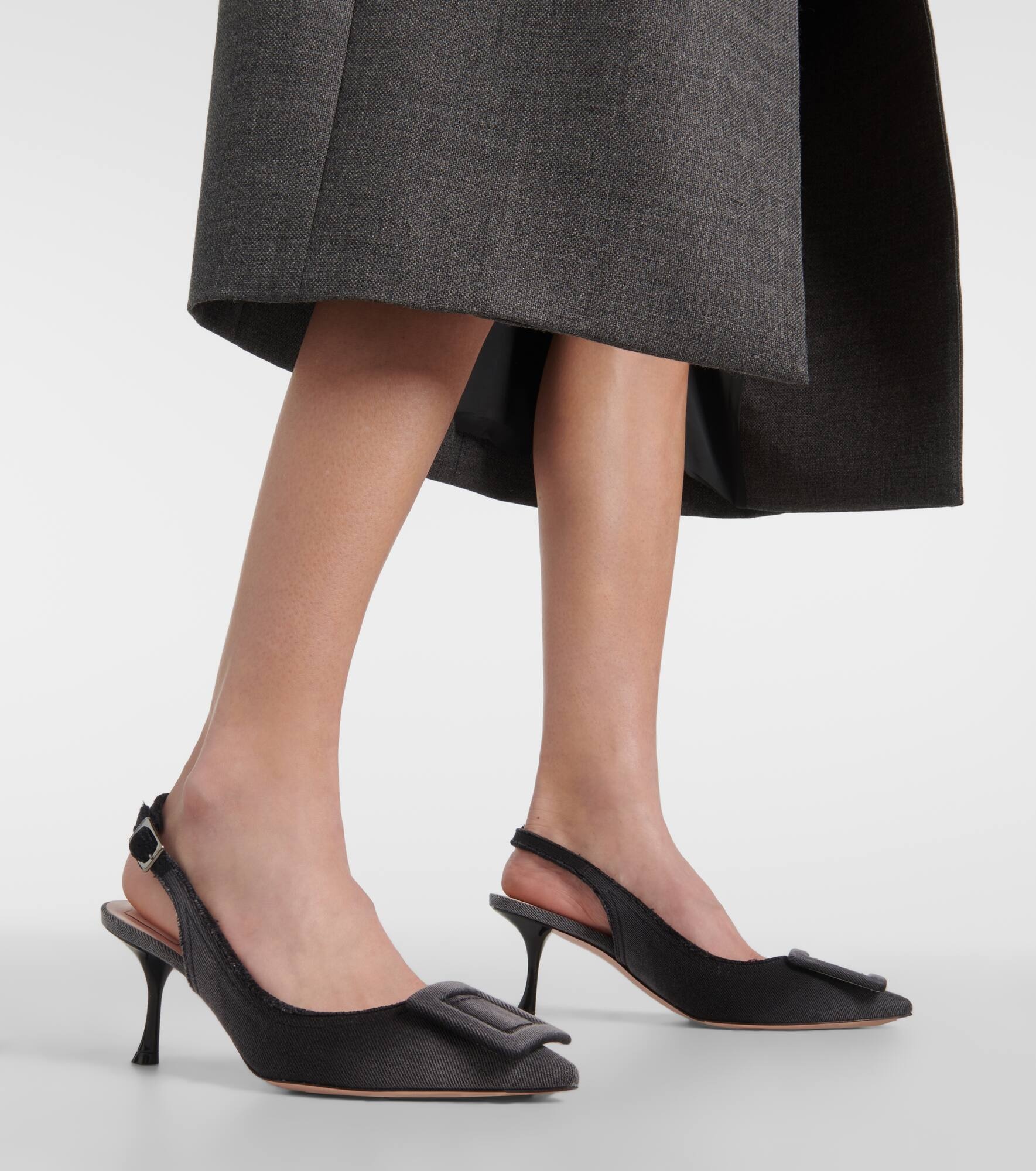 Fringed denim slingback pumps - 7