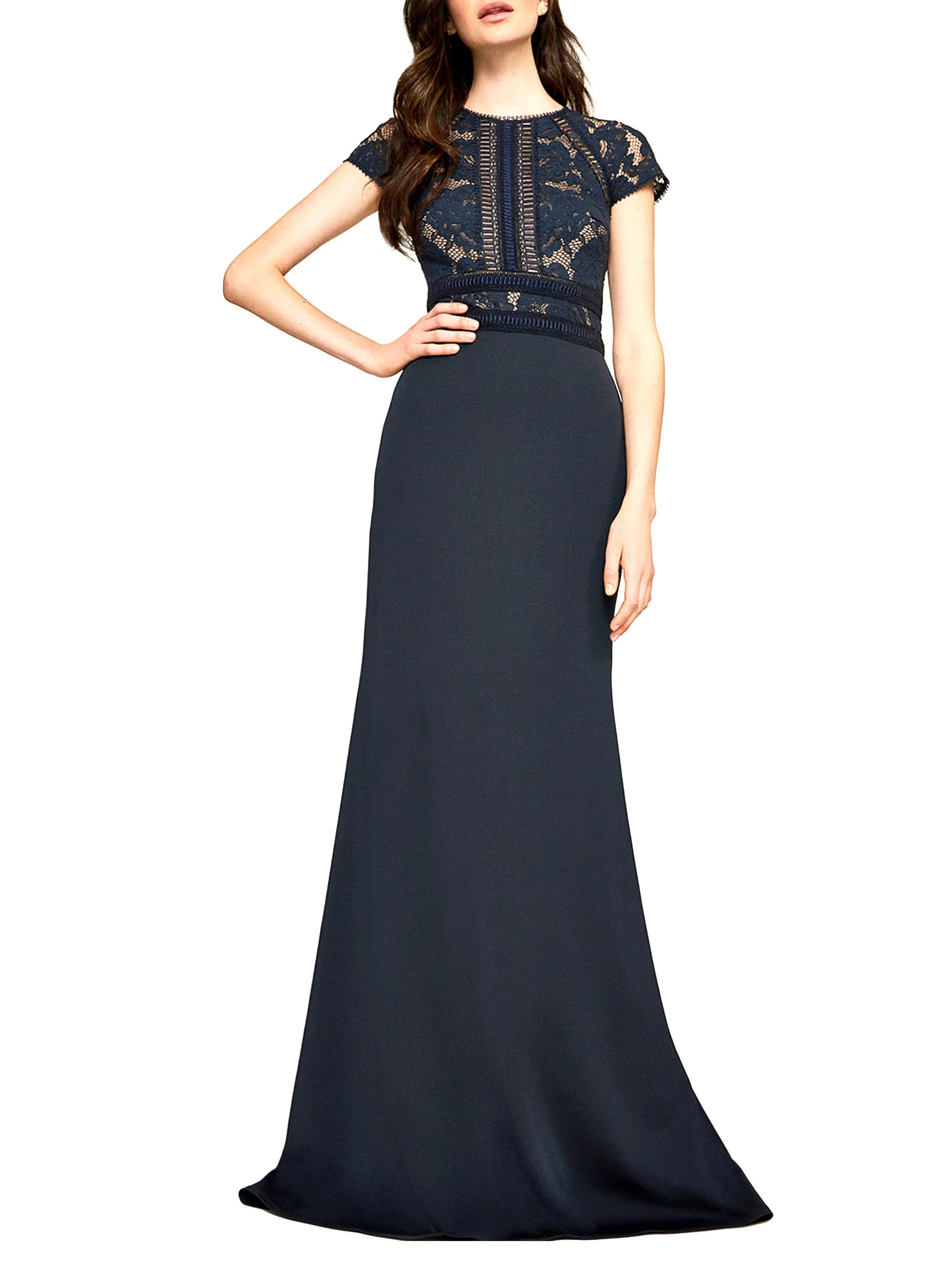 Women's Floral Embroidered Crepe Gown - Navy Beige - 1