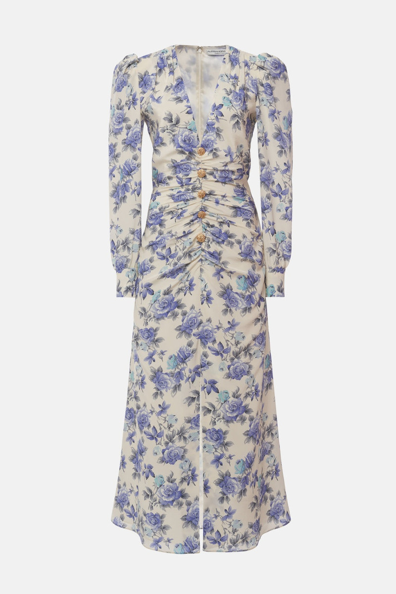 ROSE PRINT SILK DRAPED DRESS WITH JWL BUTTONS 1