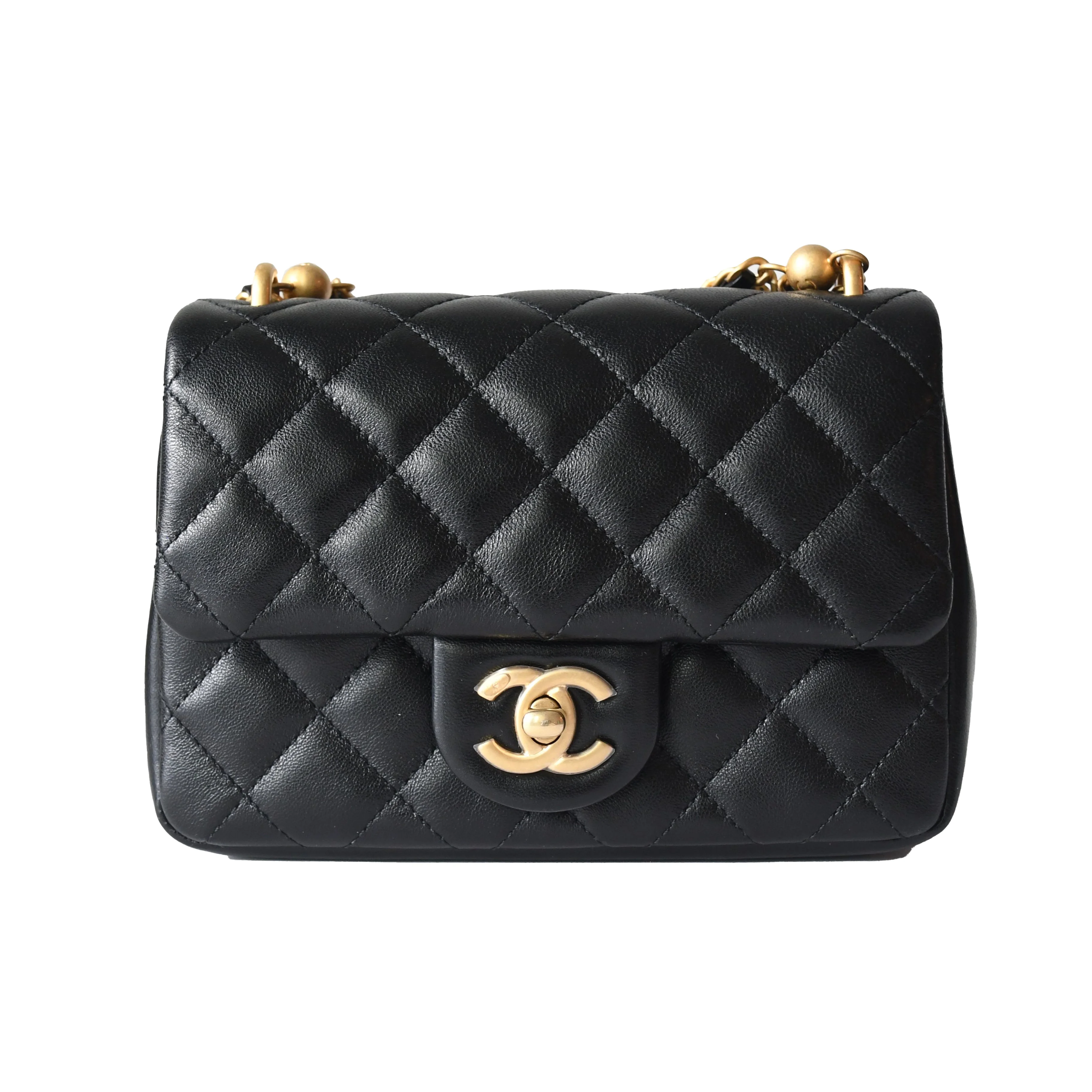 Chanel Shiny Lambskin Quilted Pearl Twist Square Flap Bag Gold Hardware Black - 1