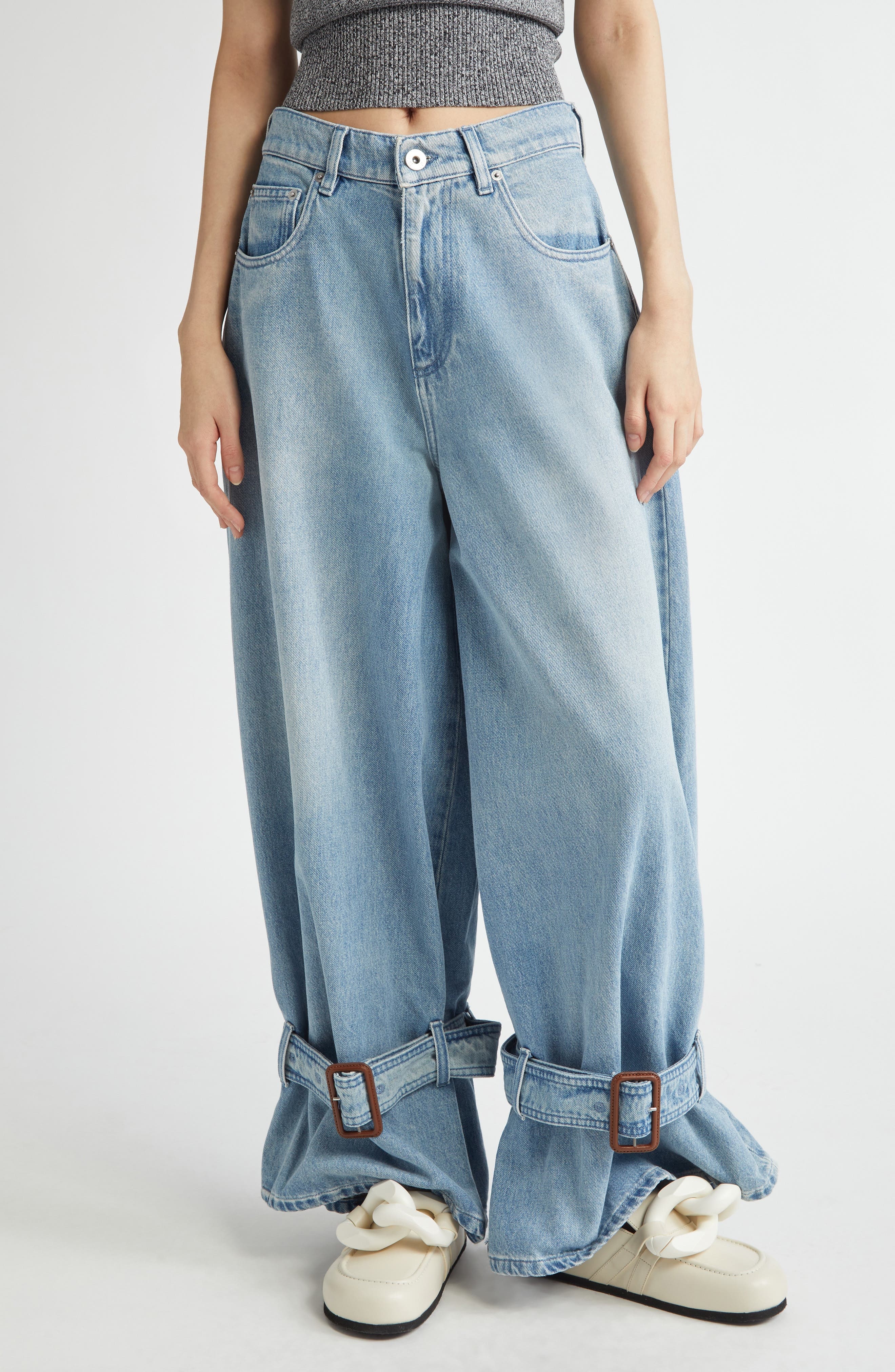 JW Anderson Buckled Cuff High Waist Wide Leg Jeans in Light Blue at Nordstrom - 1