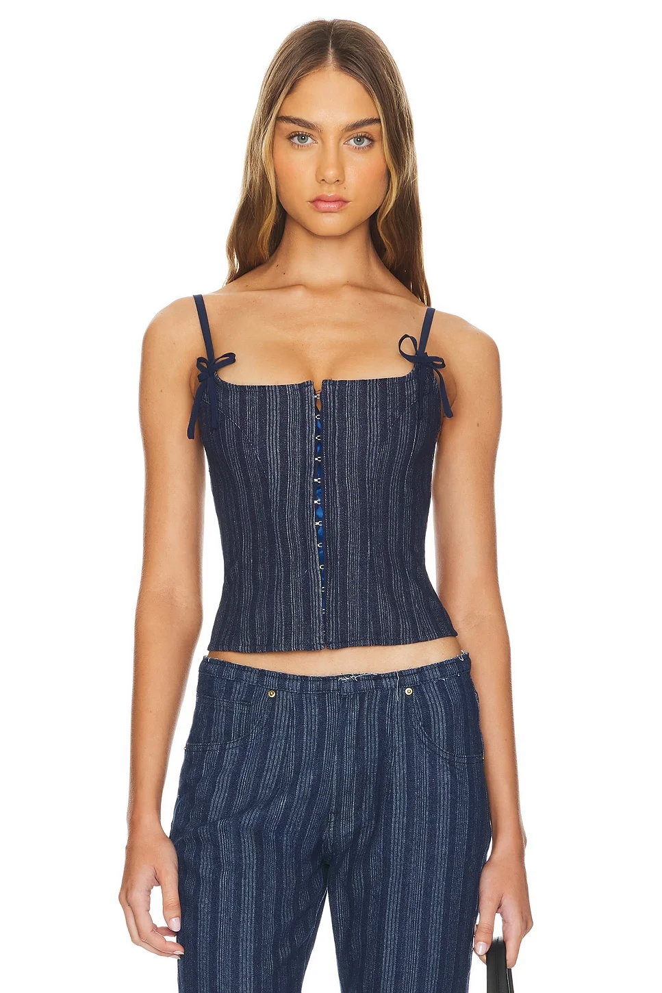 Charismatic Denim Corset in Dark Pinstripe - 1