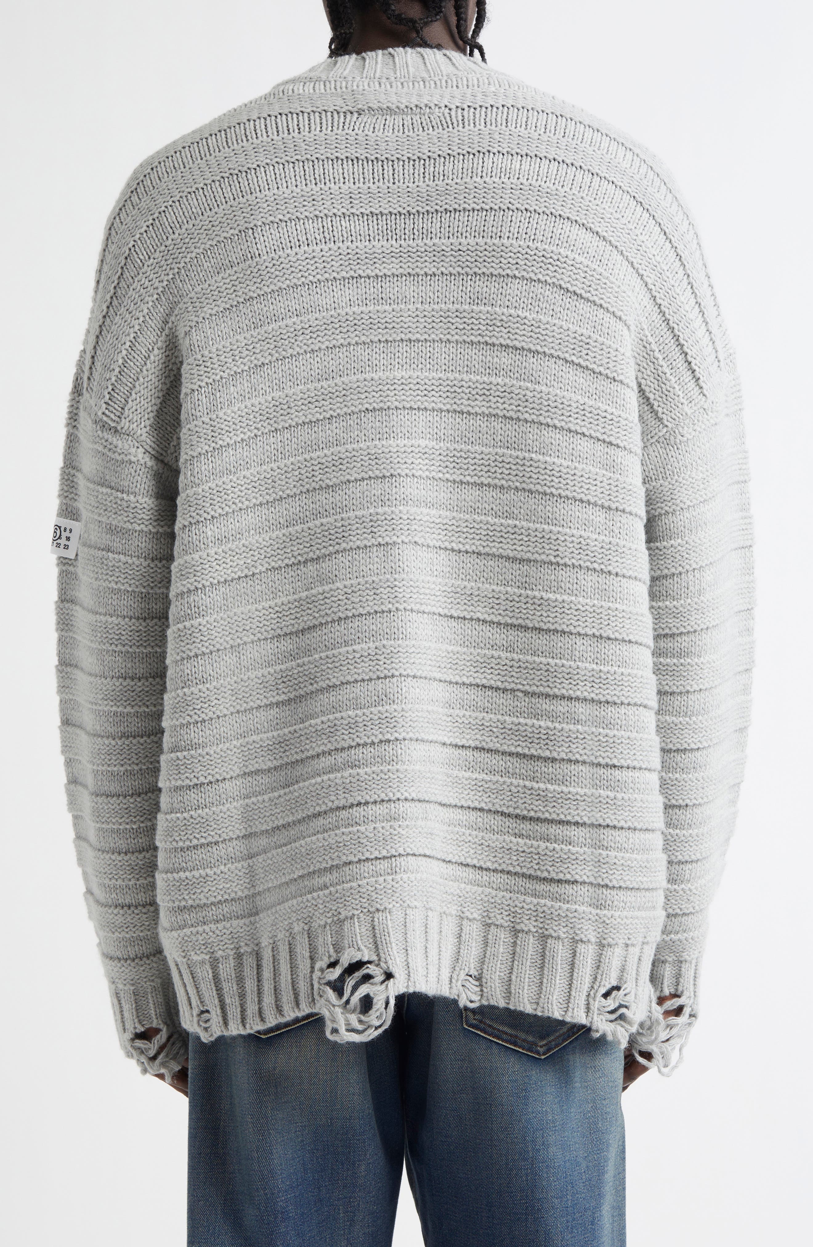 MM6 Maison Margiela Distressed Virgin Wool Blend V-Neck Cardigan in Light Grey Melange at Nordstrom - 3