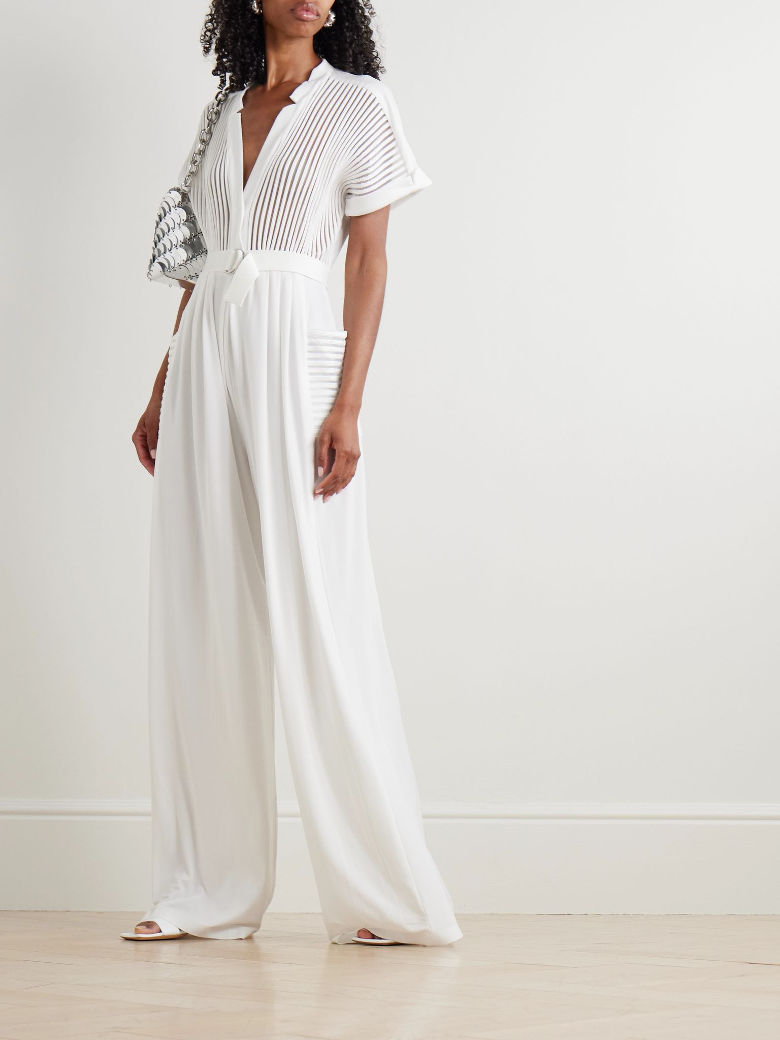 Geralyn belted paneled jersey and mesh jumpsuit White - 2