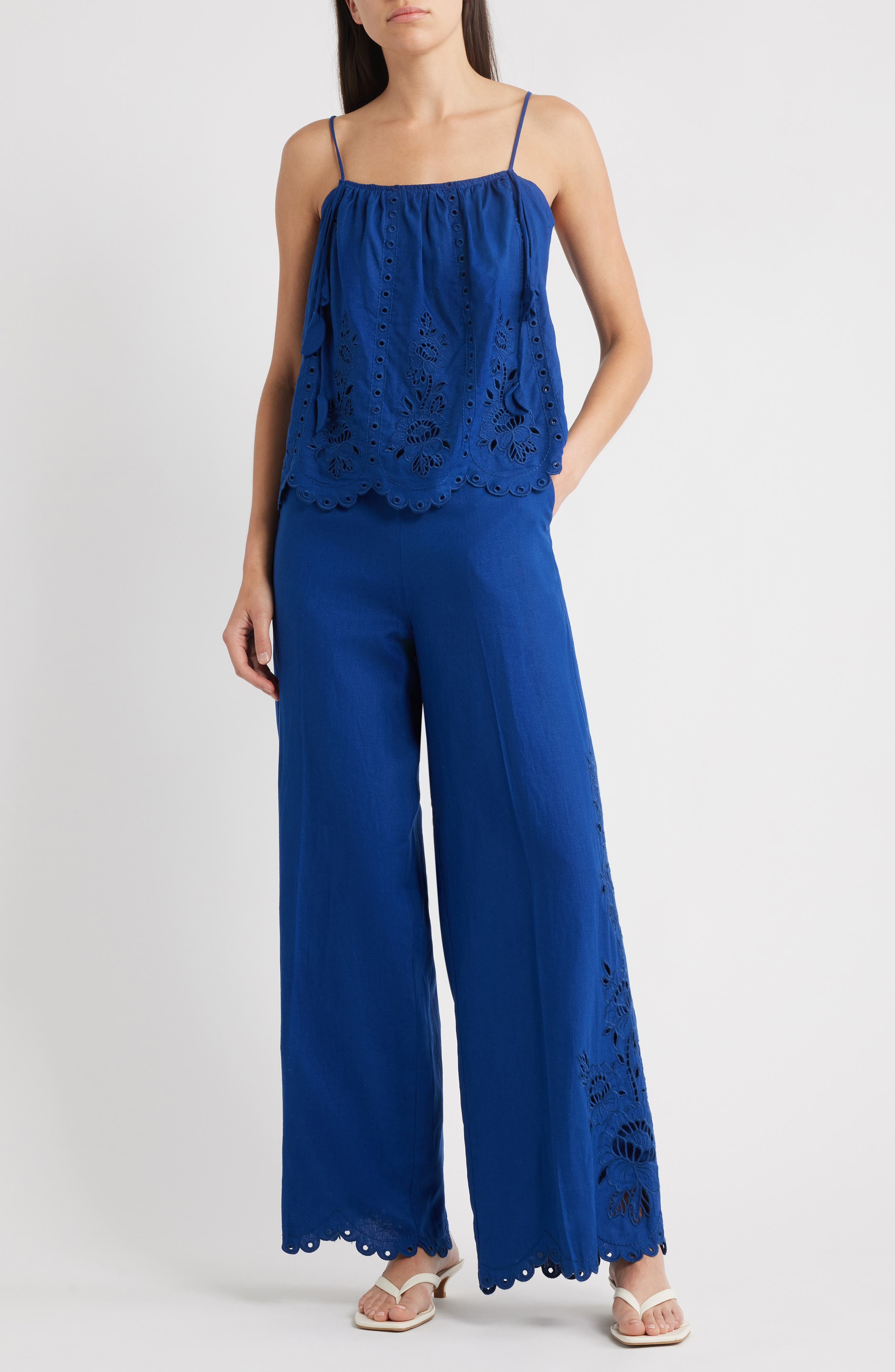 FARM Rio Richelieu Embroidery Detail Linen Blend Pants in Blue at Nordstrom - 7