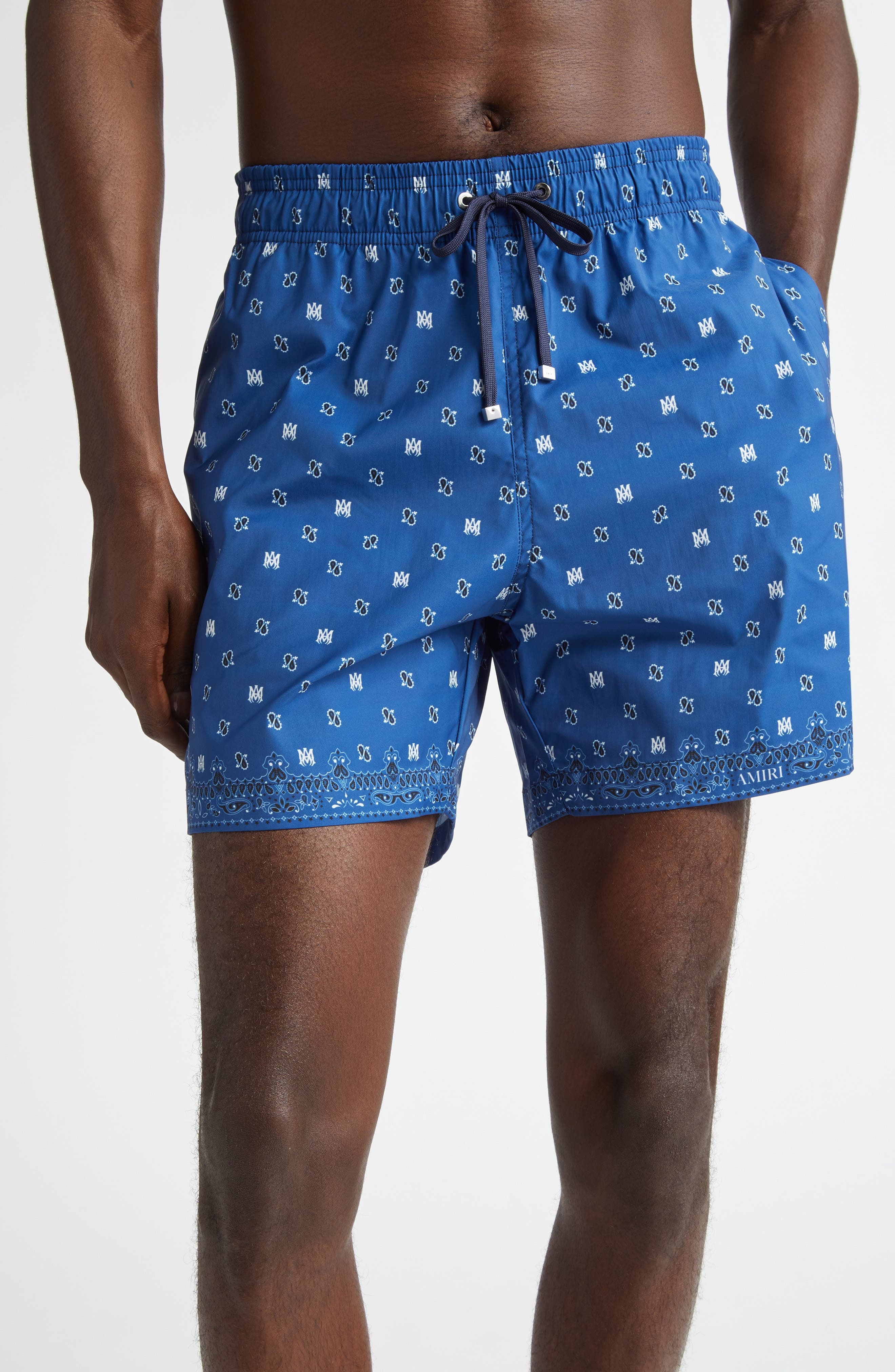 AMIRI Monogram Paisley Swim Trunks in Blue at Nordstrom - 1