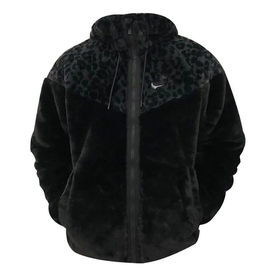 Men's Nike Leopard Print Splicing Brand Logo Printing Zipper Jacket Black DH6683-010 - 1