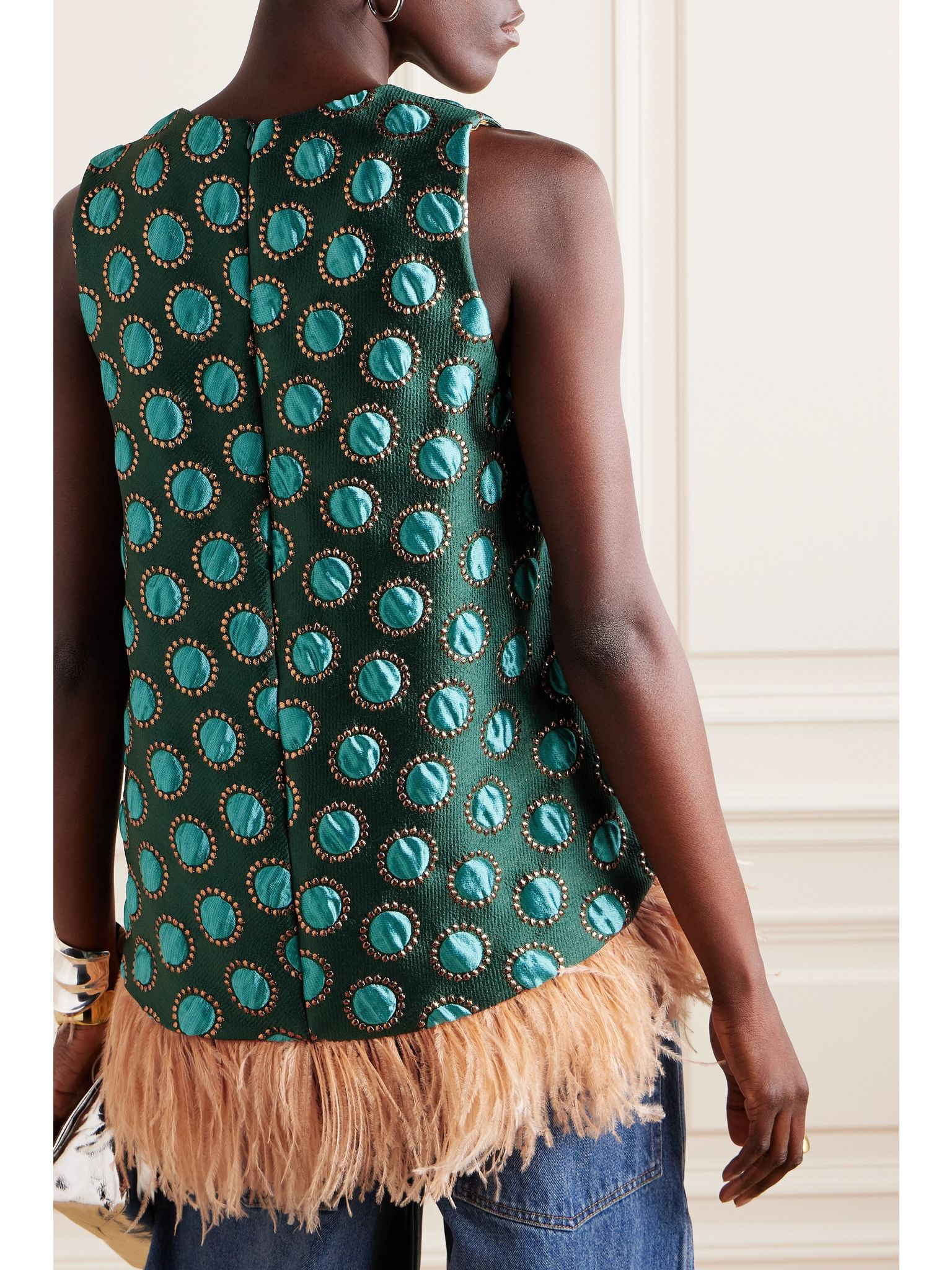 La Scala asymmetric feather-trimmed metallic jacquard top Green - 3