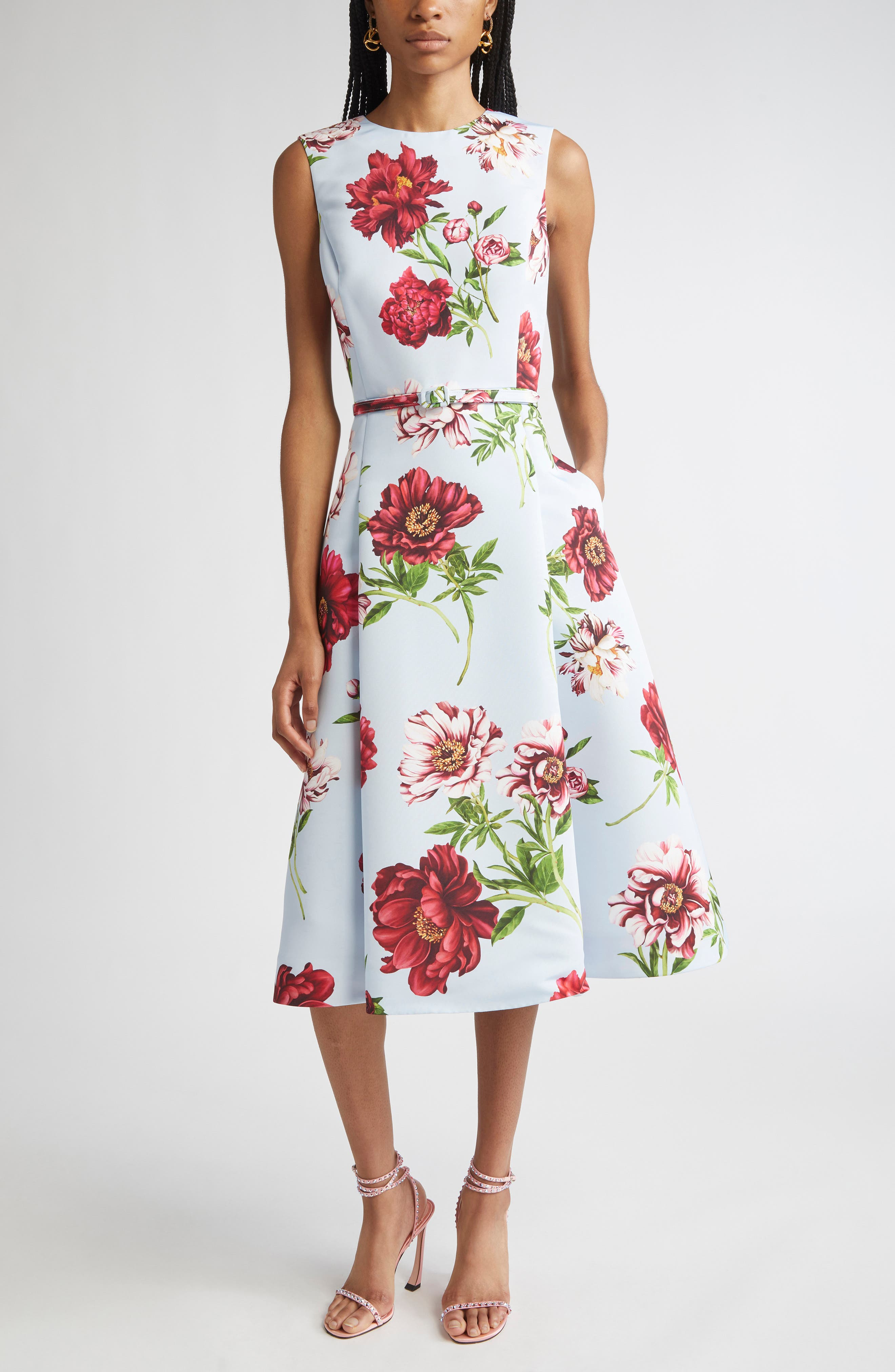 Oscar de la Renta Peony Print Sleeveless Faille Fit & Flare Dress in Blue Quartz Multi at Nordstrom - 1