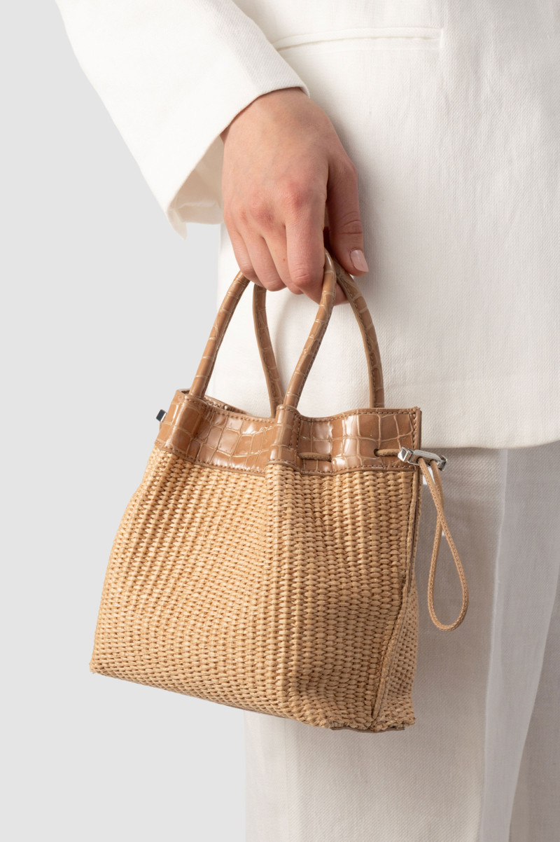 Baby Kayla Natural Raffia and Croco Embossed Leather Top-Handle Bag 3