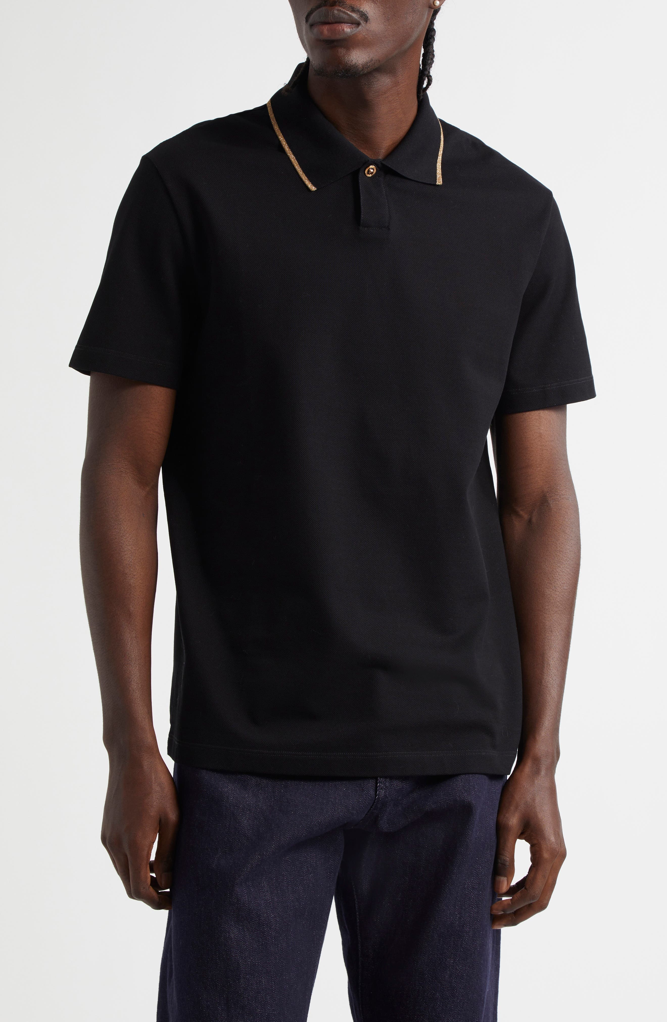 Versace Contrast Trim Cotton Piqué Polo in Black at Nordstrom - 1