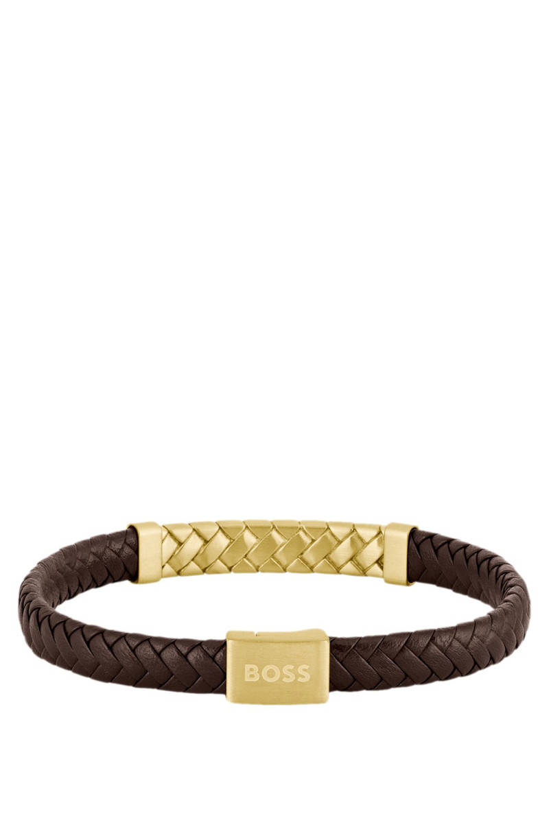 BOSS BROWN-LEATHER CUFF WITH HERRINGBONE DESIGN outlook