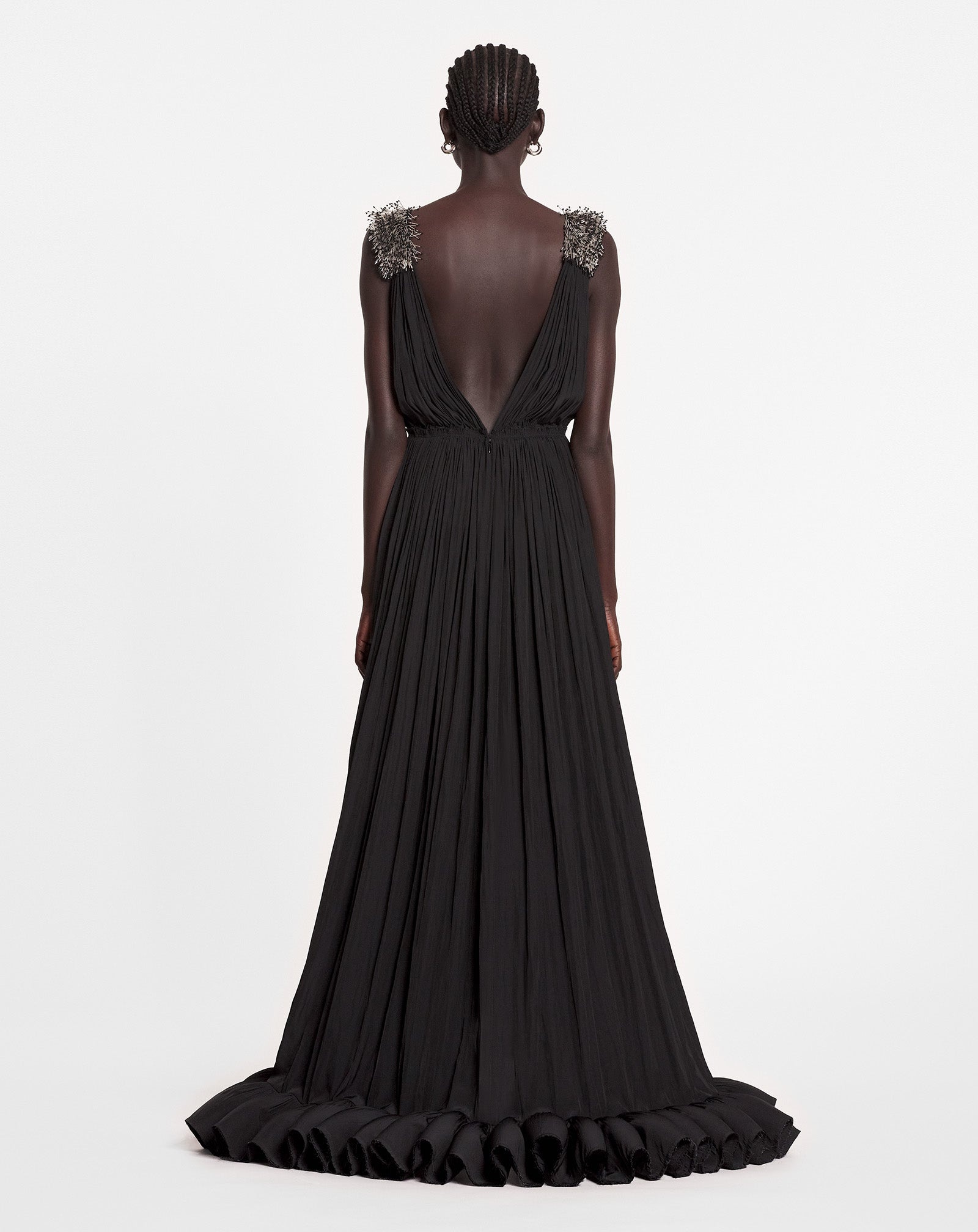LONG EMBROIDERED CHARMEUSE EVENING GOWN - 4