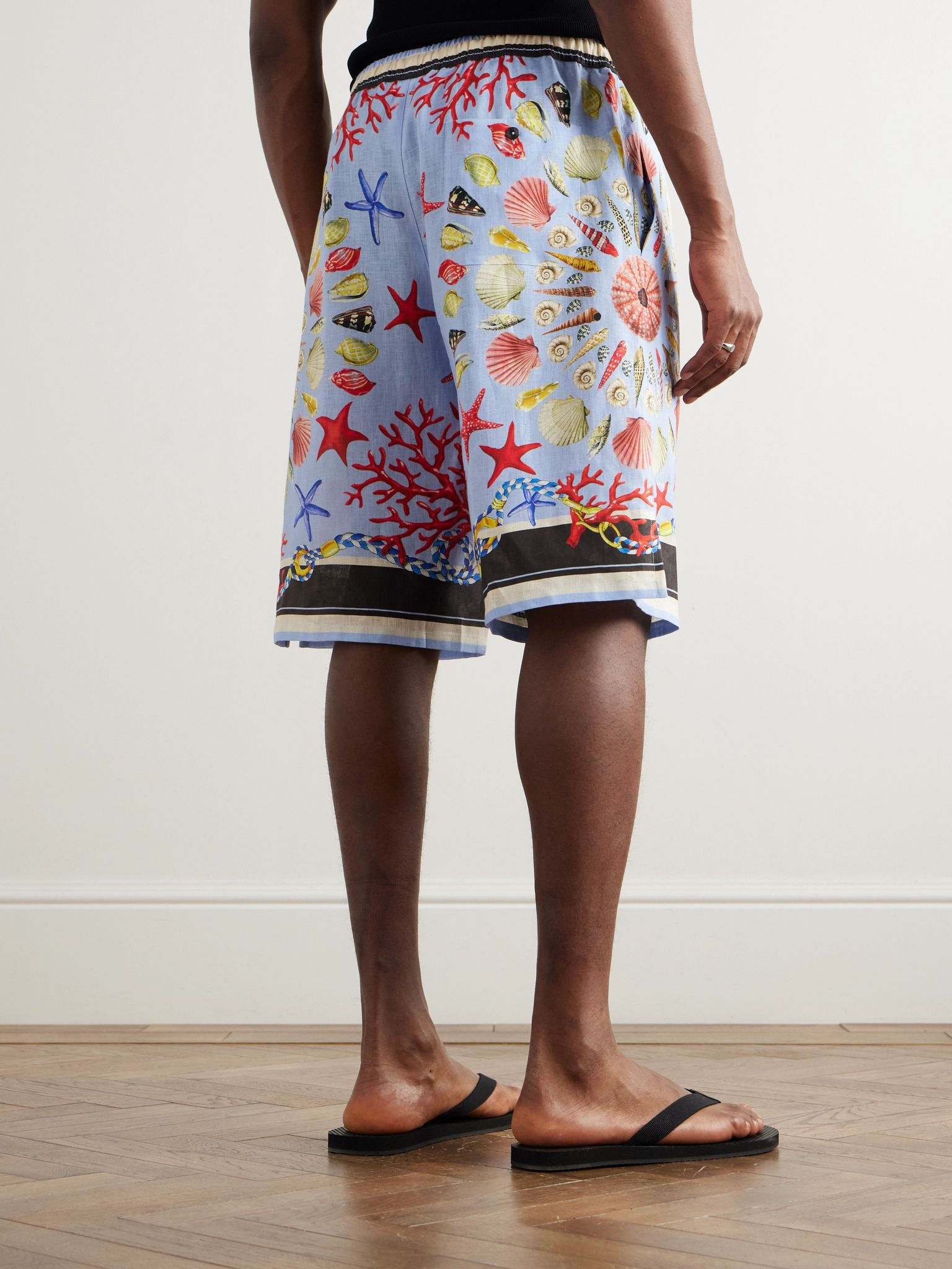 Printed Linen Straight-Leg Shorts Blue - 4