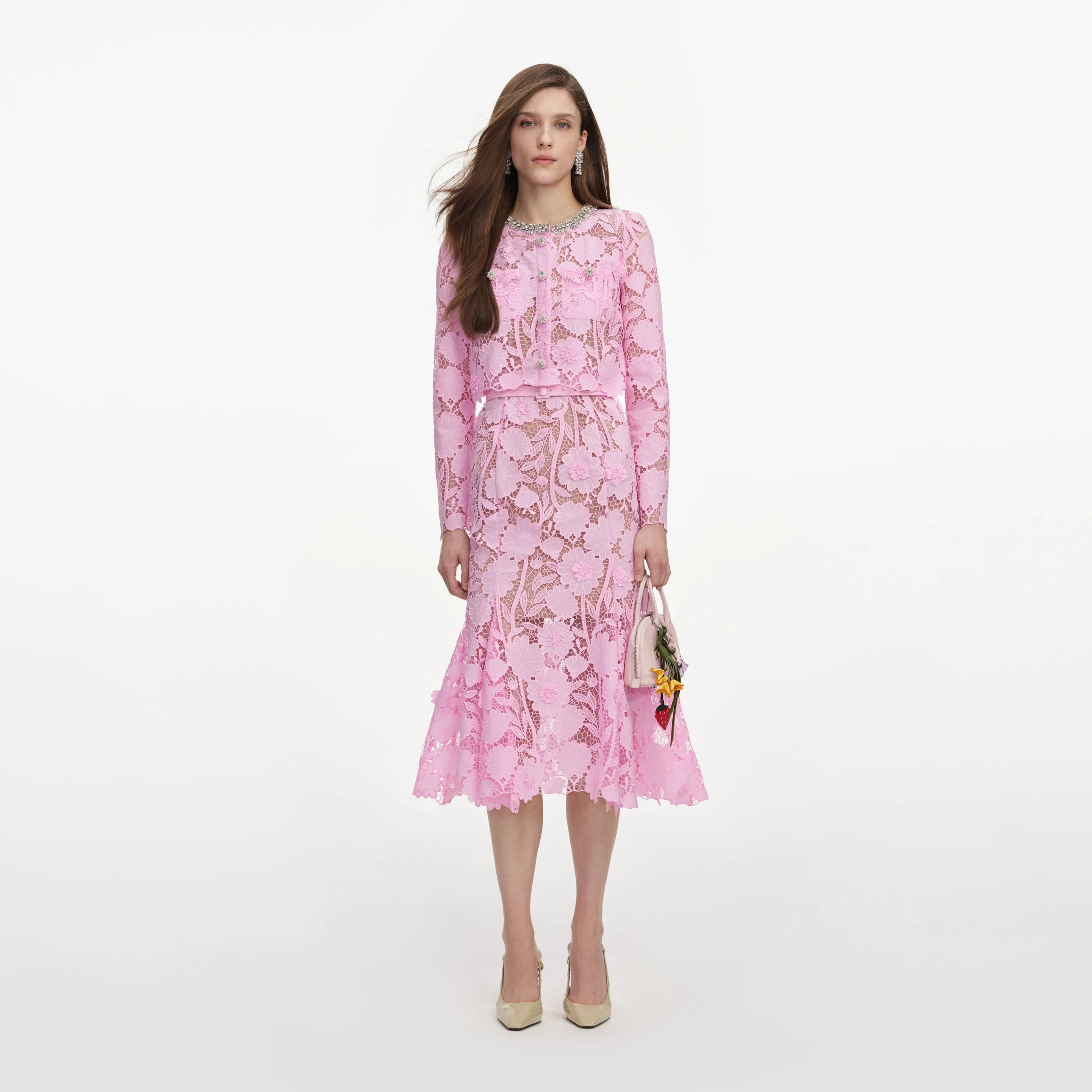Pink Lace Crystal Embellished Midi Dress - 1