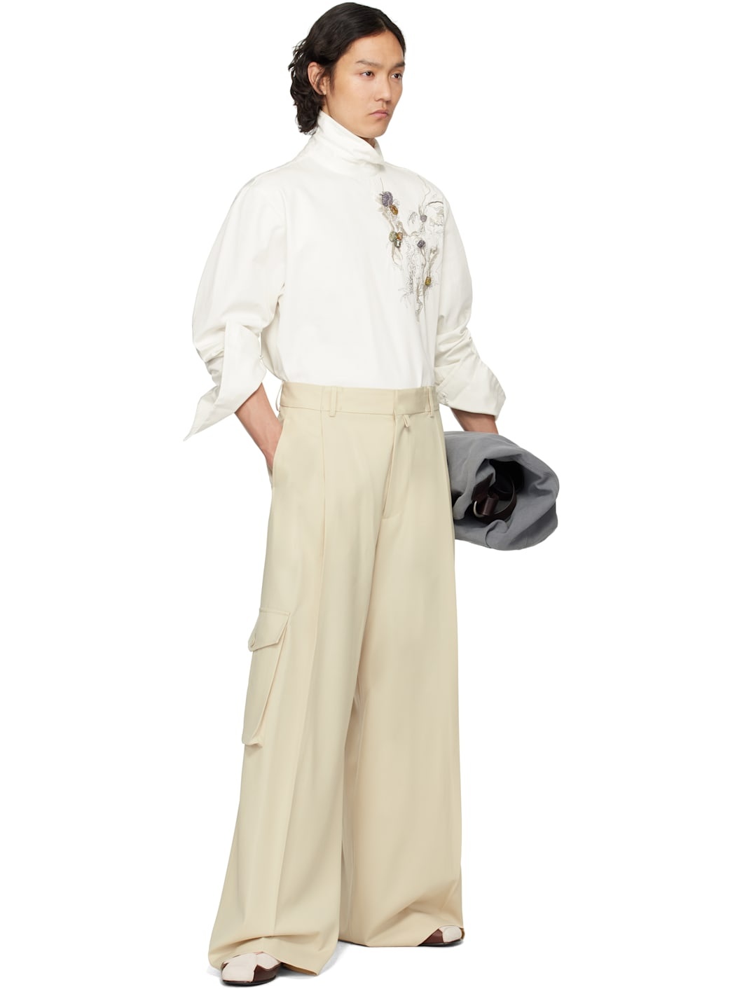 Beige Wide Pleated Trousers - 4