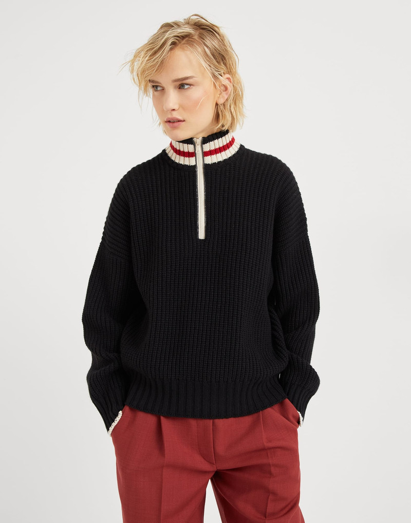 Cashmere Feather yarn English rib turtleneck sweater with shiny half zip - 1