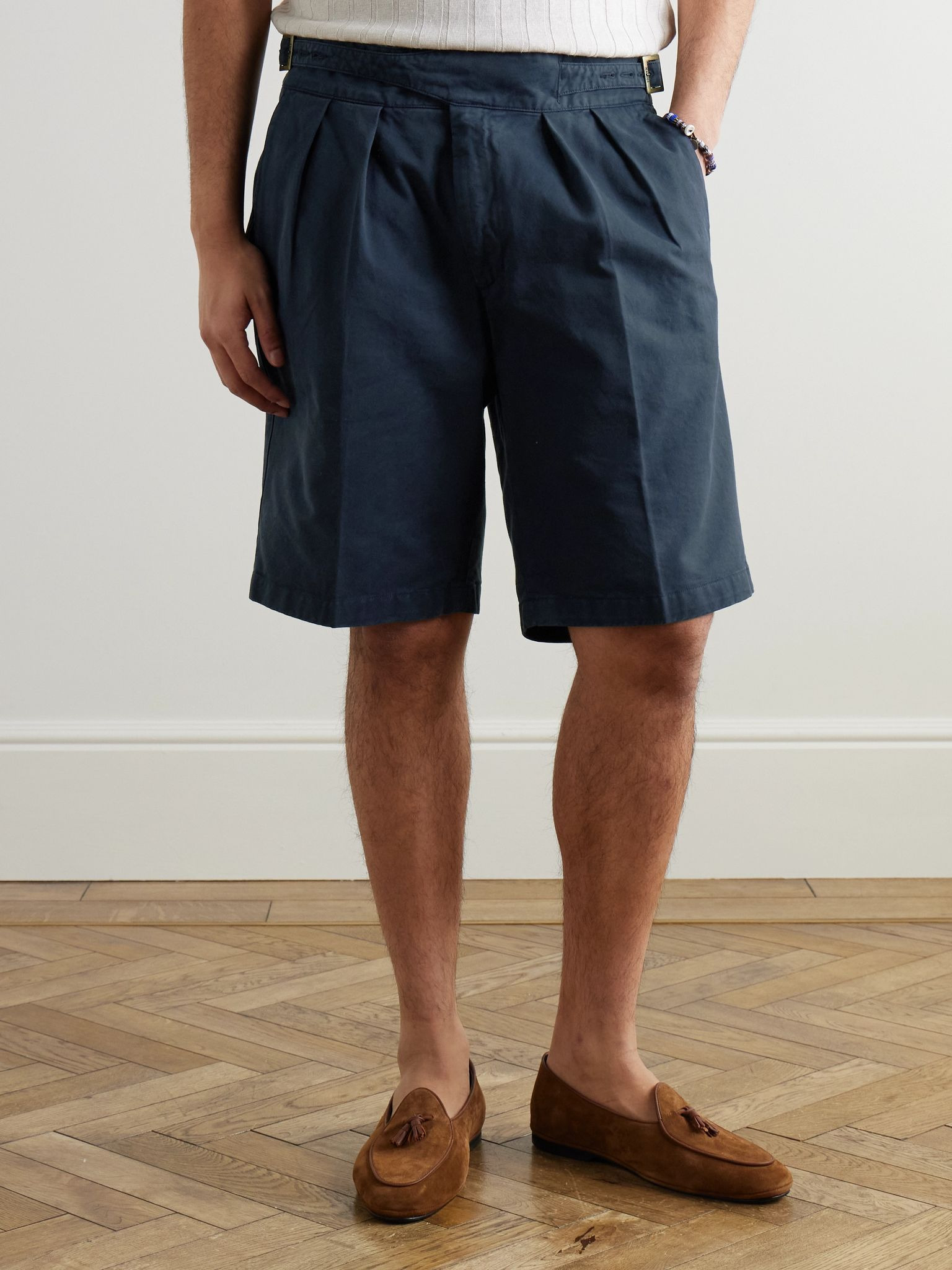 Manny Straight-Leg Pleated Cotton Shorts Navy - 3