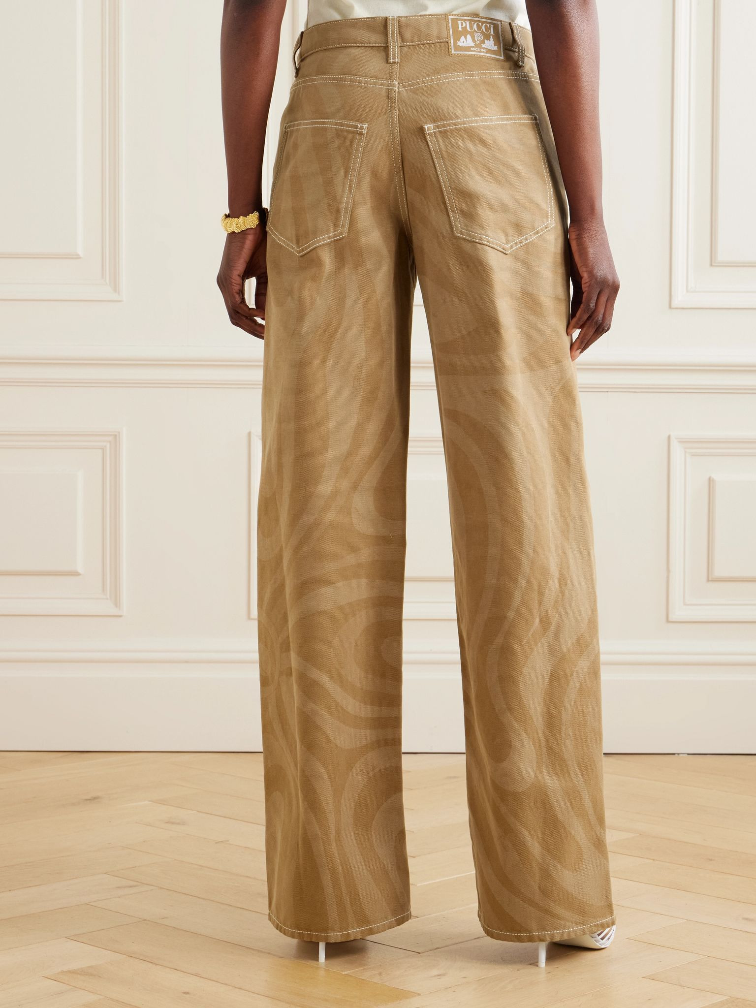 Printed cotton-canvas wide-leg pants Beige - 4