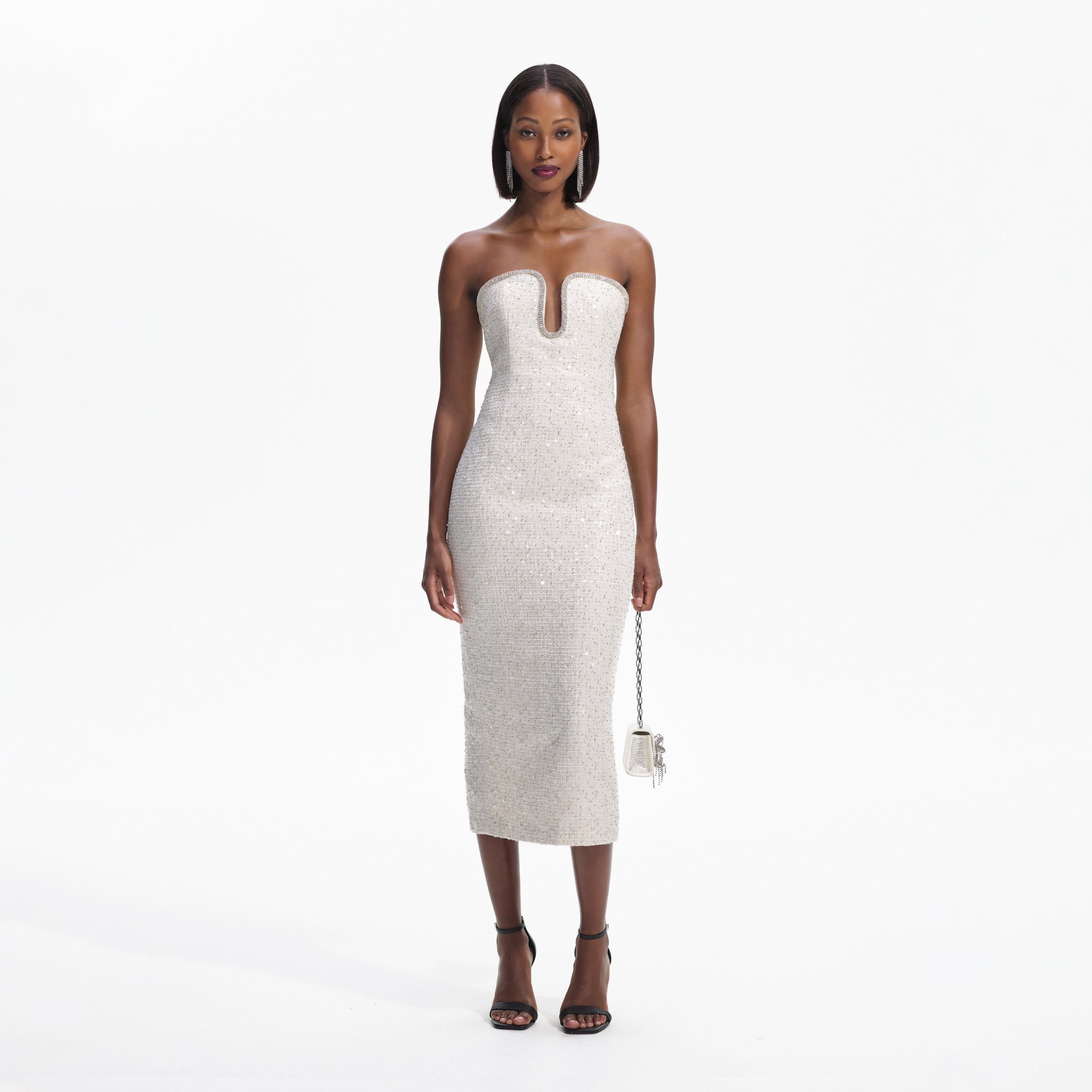 Cream Sequin Boucle Strapless Midi Dress - 1