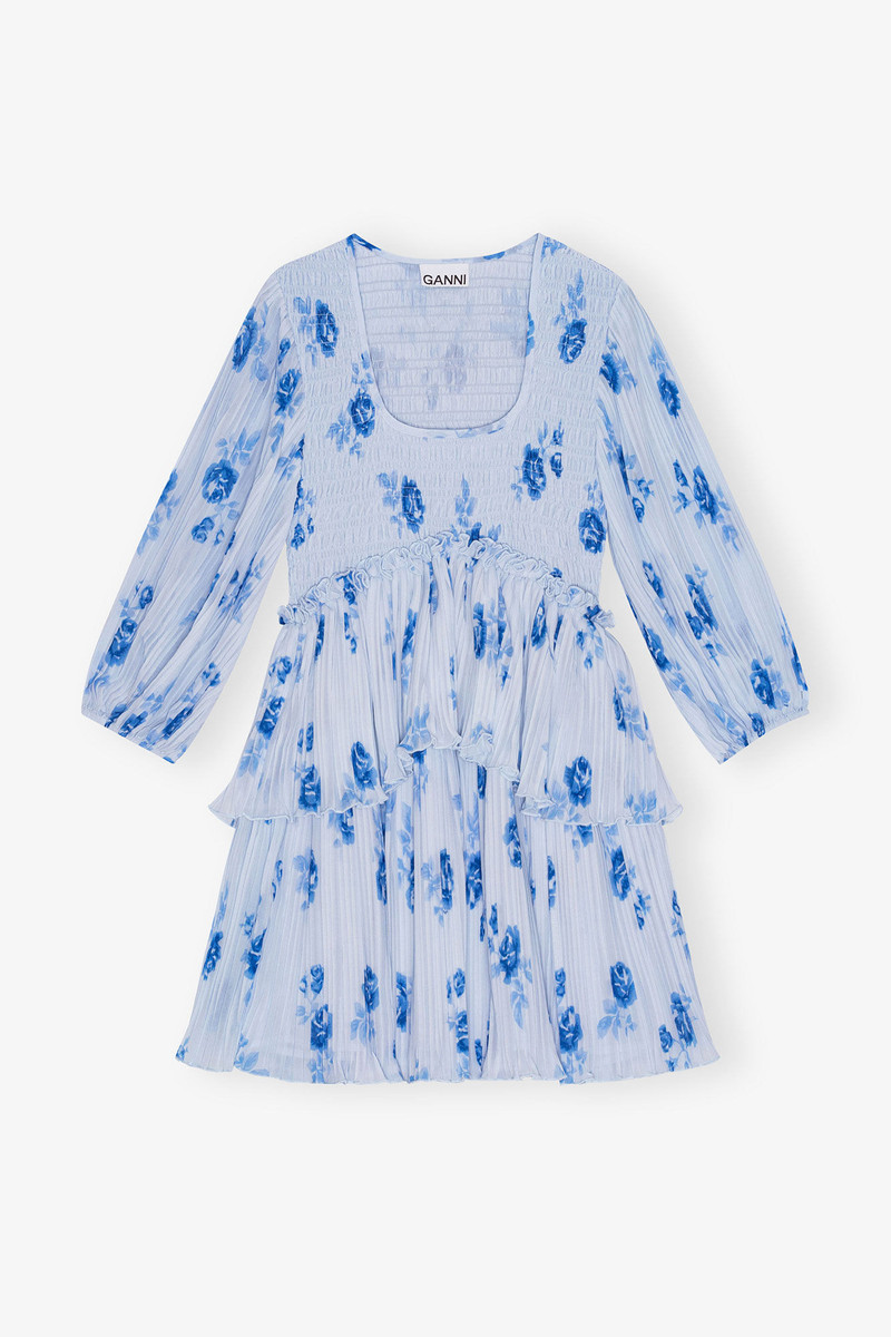 BLUE PLEATED GEORGETTE FLOUNCE SMOCK MINI DRESS 1
